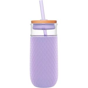 imageEllo Devon 18oz Glass Tumbler with Straw Friction Fit Bamboo Wood Lid and Silicone Sleeve  Perfect for Iced Coffee Tea Matcha and SmoothiesLilac