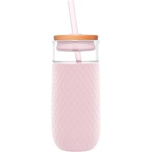 imageEllo Devon 18oz Glass Tumbler with Straw Friction Fit Bamboo Wood Lid and Silicone Sleeve  Perfect for Iced Coffee Tea Matcha and SmoothiesPink Satin