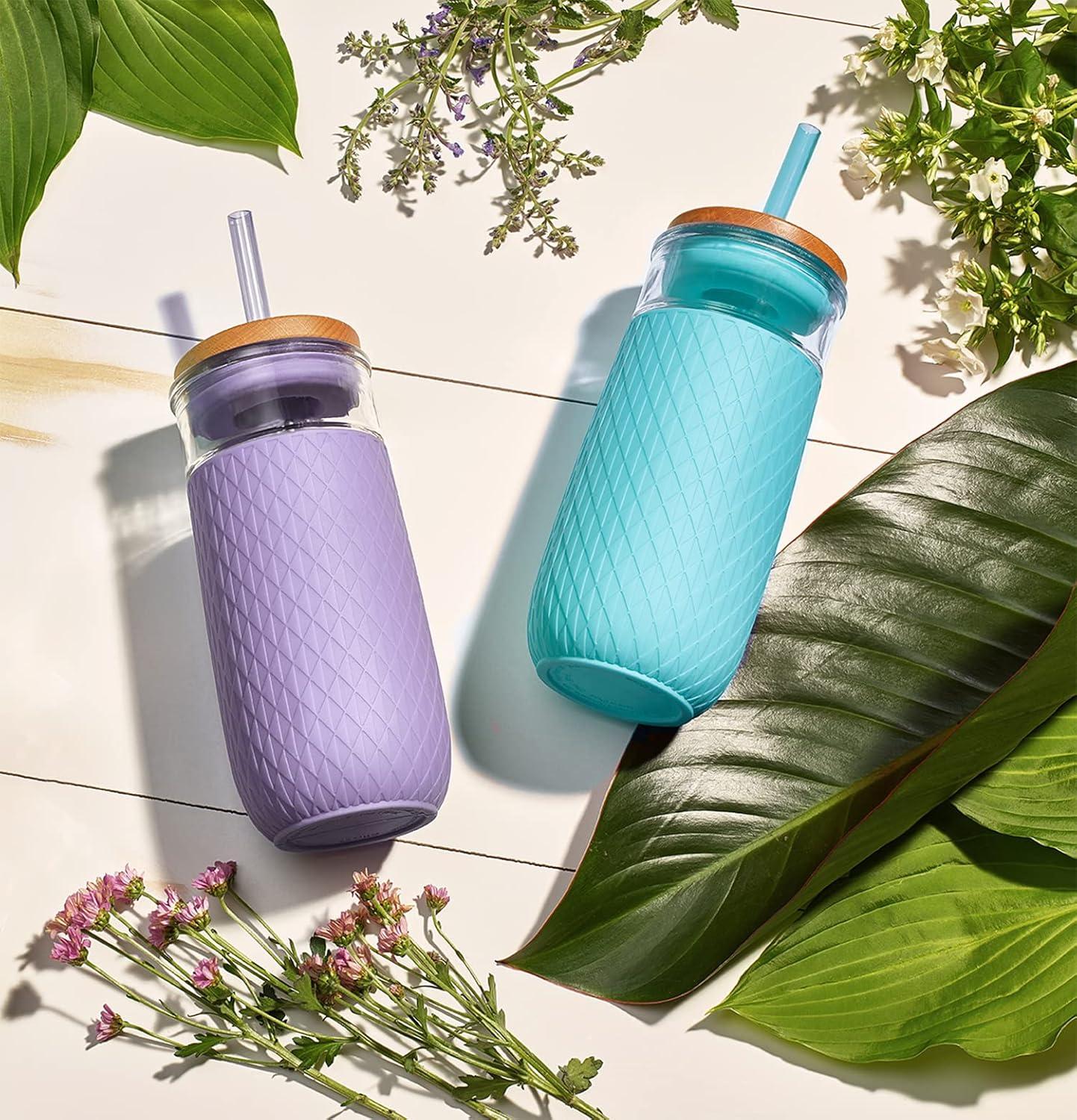 imageEllo Devon 18oz Glass Tumbler with Straw Friction Fit Bamboo Wood Lid and Silicone Sleeve  Perfect for Iced Coffee Tea Matcha and Smoothies2 Pack