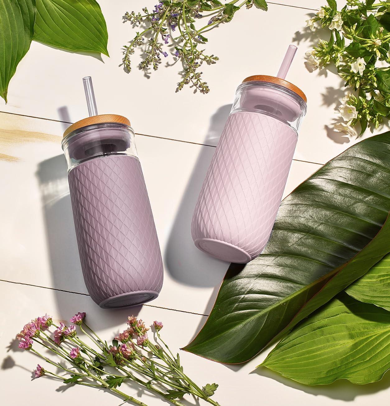 imageEllo Devon 18oz Glass Tumbler with Straw Friction Fit Bamboo Wood Lid and Silicone Sleeve  Perfect for Iced Coffee Tea Matcha and SmoothiesMauve