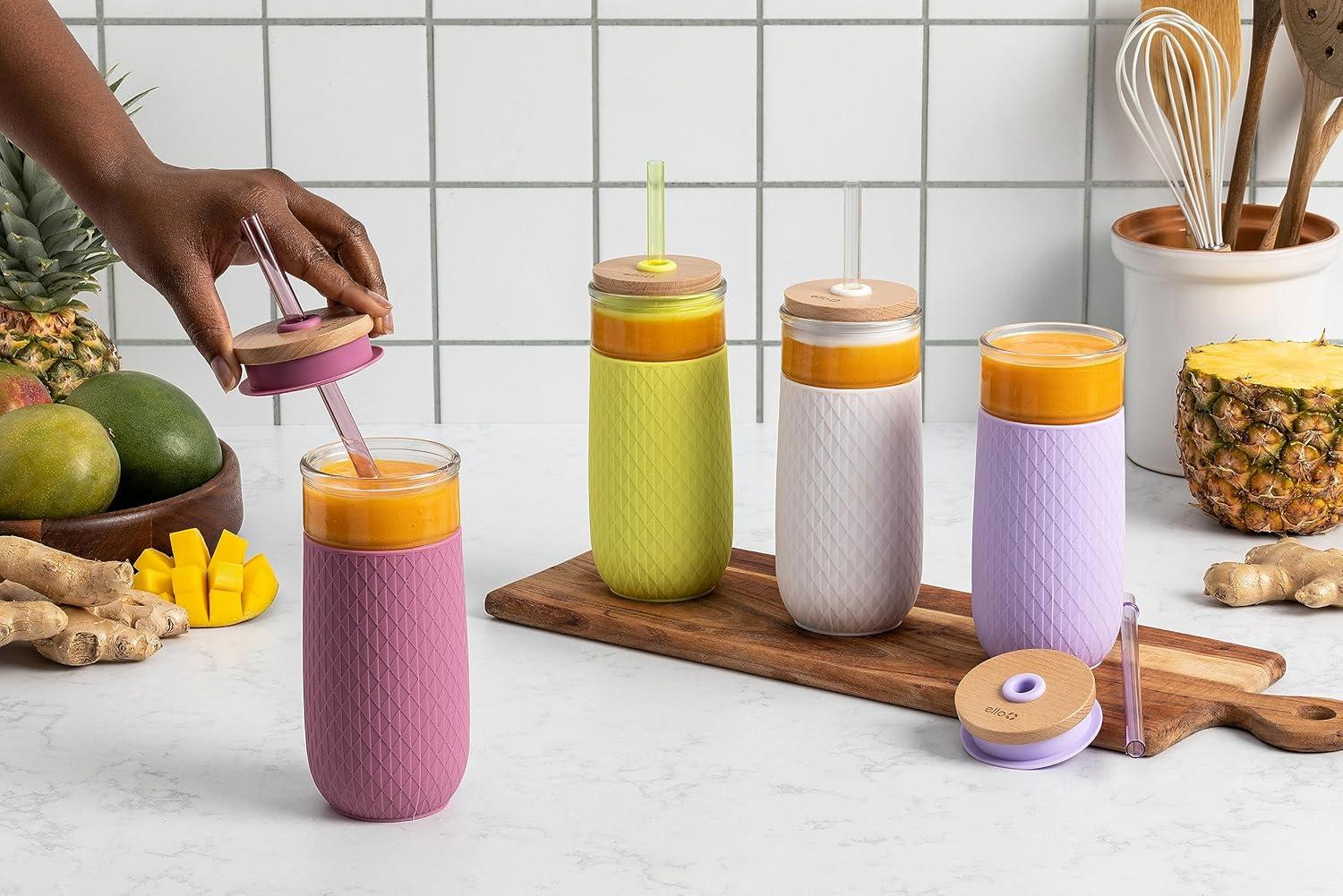 imageEllo Devon 18oz Glass Tumbler with Straw Friction Fit Bamboo Wood Lid and Silicone Sleeve  Perfect for Iced Coffee Tea Matcha and SmoothiesMauve
