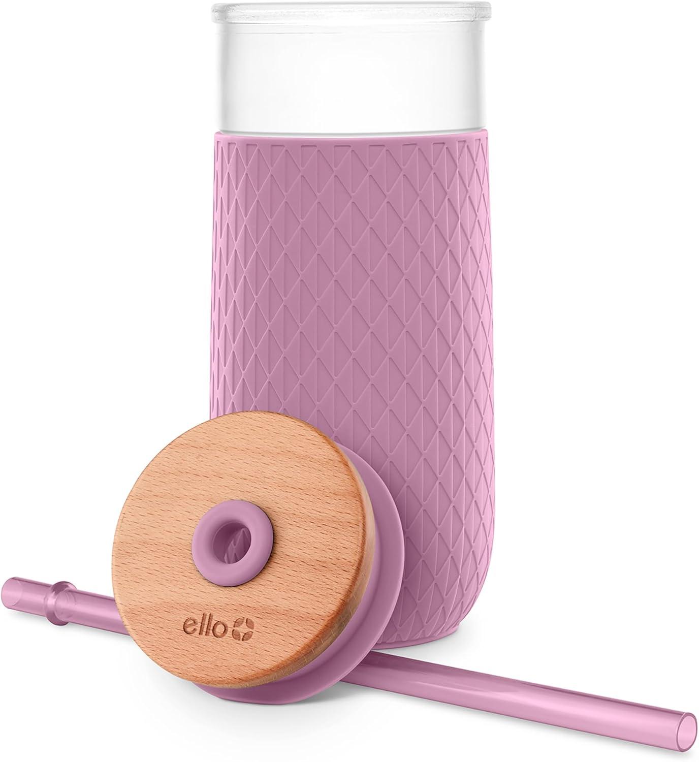 imageEllo Devon 18oz Glass Tumbler with Straw Friction Fit Bamboo Wood Lid and Silicone Sleeve  Perfect for Iced Coffee Tea Matcha and SmoothiesMauve