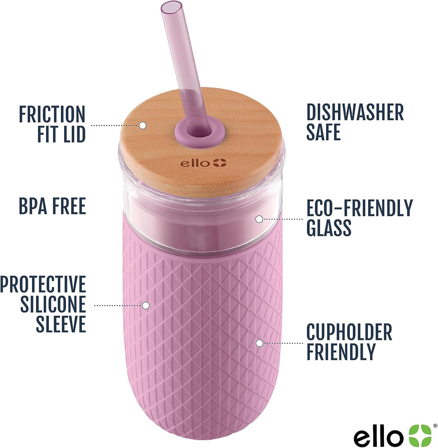 imageEllo Devon 18oz Glass Tumbler with Straw Friction Fit Bamboo Wood Lid and Silicone Sleeve  Perfect for Iced Coffee Tea Matcha and SmoothiesMauve
