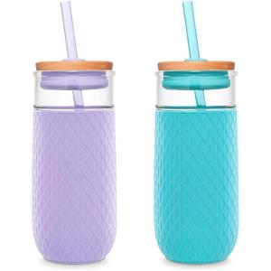 imageEllo Devon 18oz Glass Tumbler with Straw Friction Fit Bamboo Wood Lid and Silicone Sleeve  Perfect for Iced Coffee Tea Matcha and Smoothies2 Pack