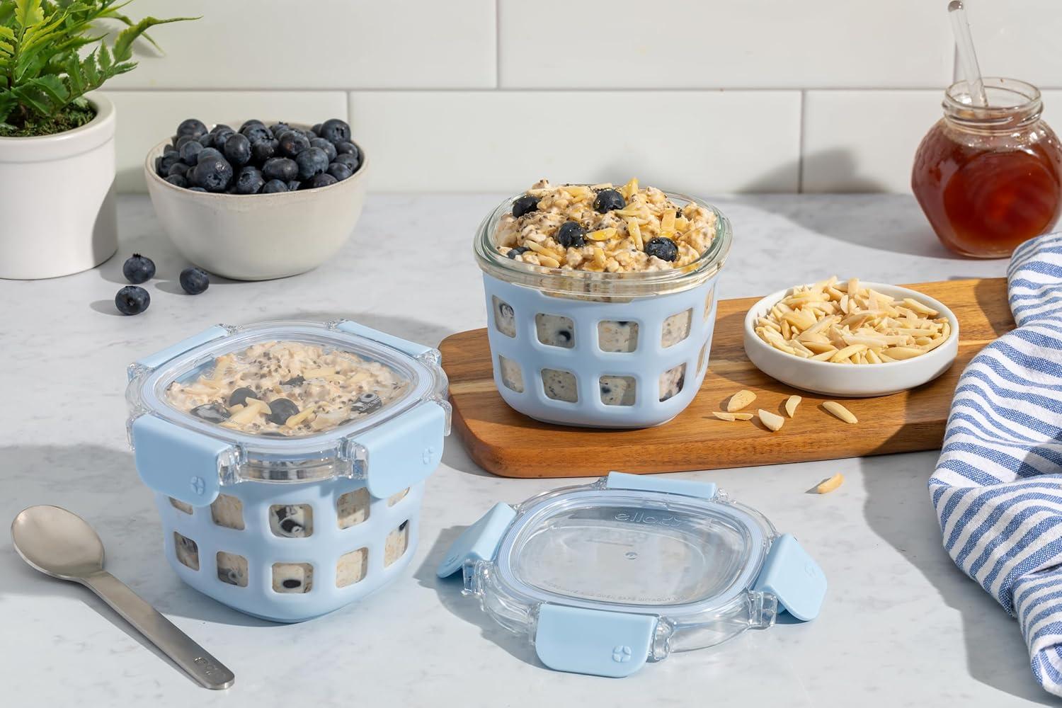 imageEllo Duraglass 8Pack 2 Cup Reusable Glass Container Jar with Leak Proof Lids and Protective Silicone Sleeves  Perfect for Overnight Oats Snacks Yogurt  BPAFree  Dishwasher Safe  Halogen Blue
