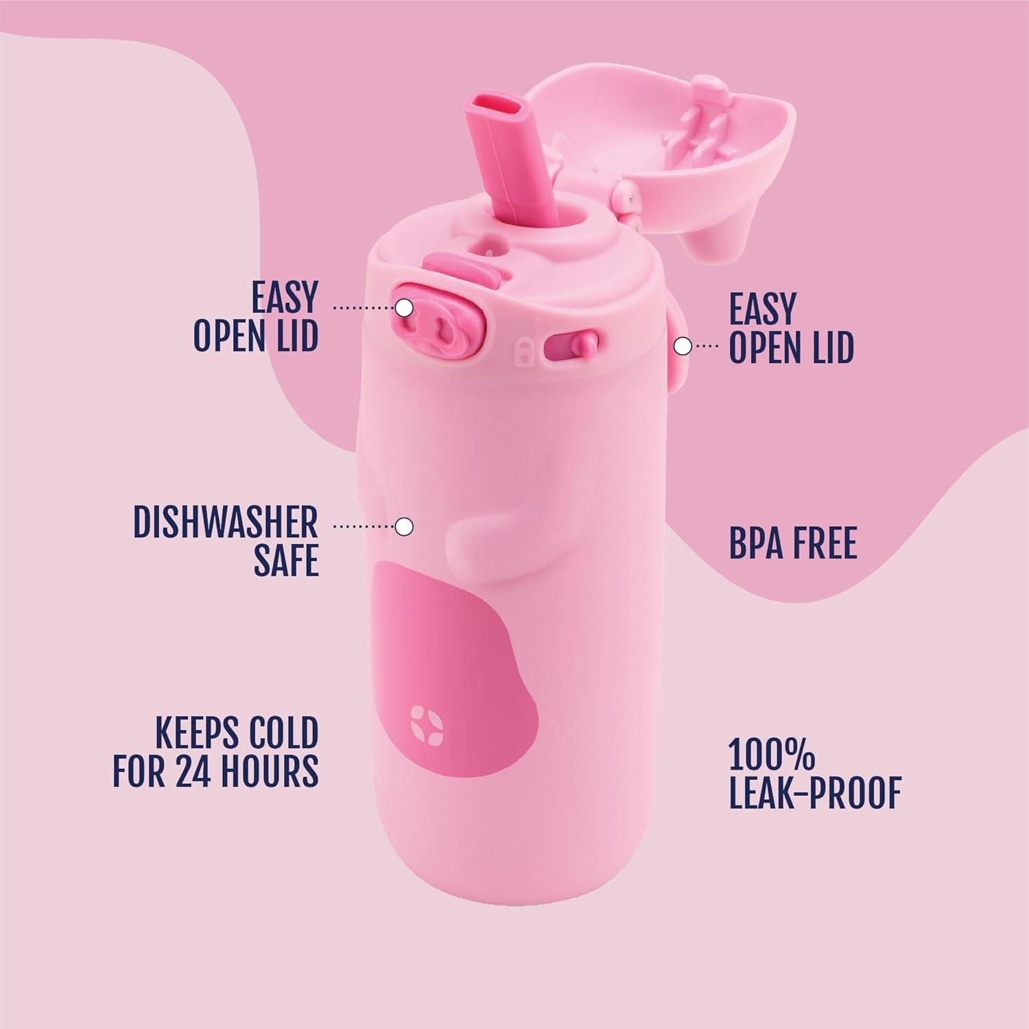 imageEllo Ellies 12oz Vacuum Insulated Stainless Steel Kids Water Bottle with Straw and Builtin Carrying Handle and LeakProof Locking Lid for School Backpack Lunchbox and Outdoor Sports PandaPig