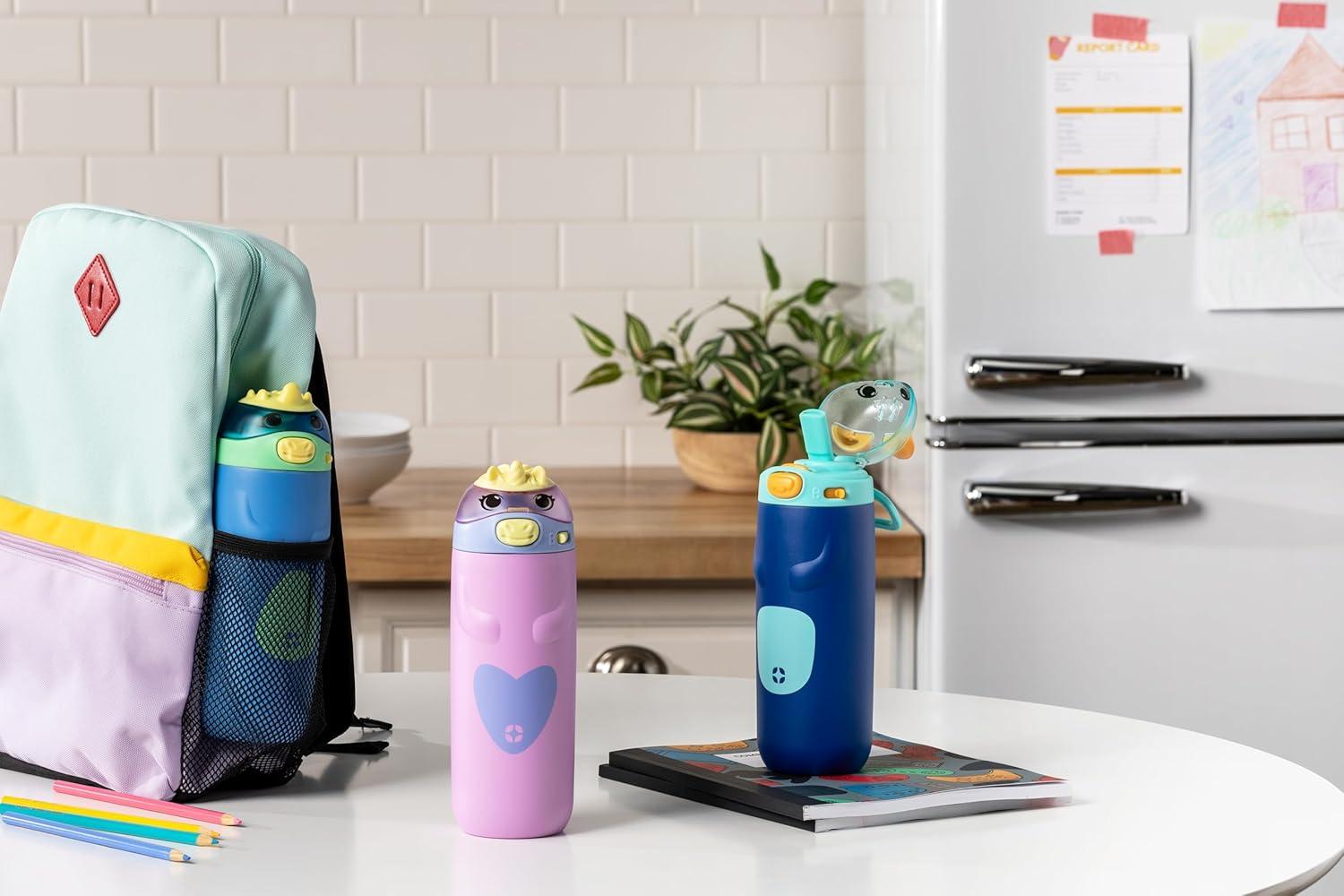 imageEllo Ellies 12oz Vacuum Insulated Stainless Steel Kids Water Bottle with Straw and Builtin Carrying Handle and LeakProof Locking Lid for School Backpack Lunchbox and Outdoor Sports PandaCat
