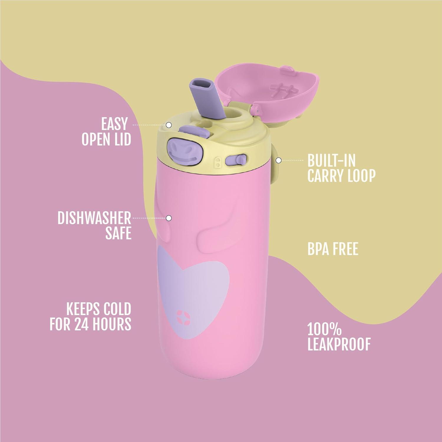 imageEllo Ellies 12oz Vacuum Insulated Stainless Steel Kids Water Bottle with Straw and Builtin Carrying Handle and LeakProof Locking Lid for School Backpack Lunchbox and Outdoor Sports PandaUnicorn