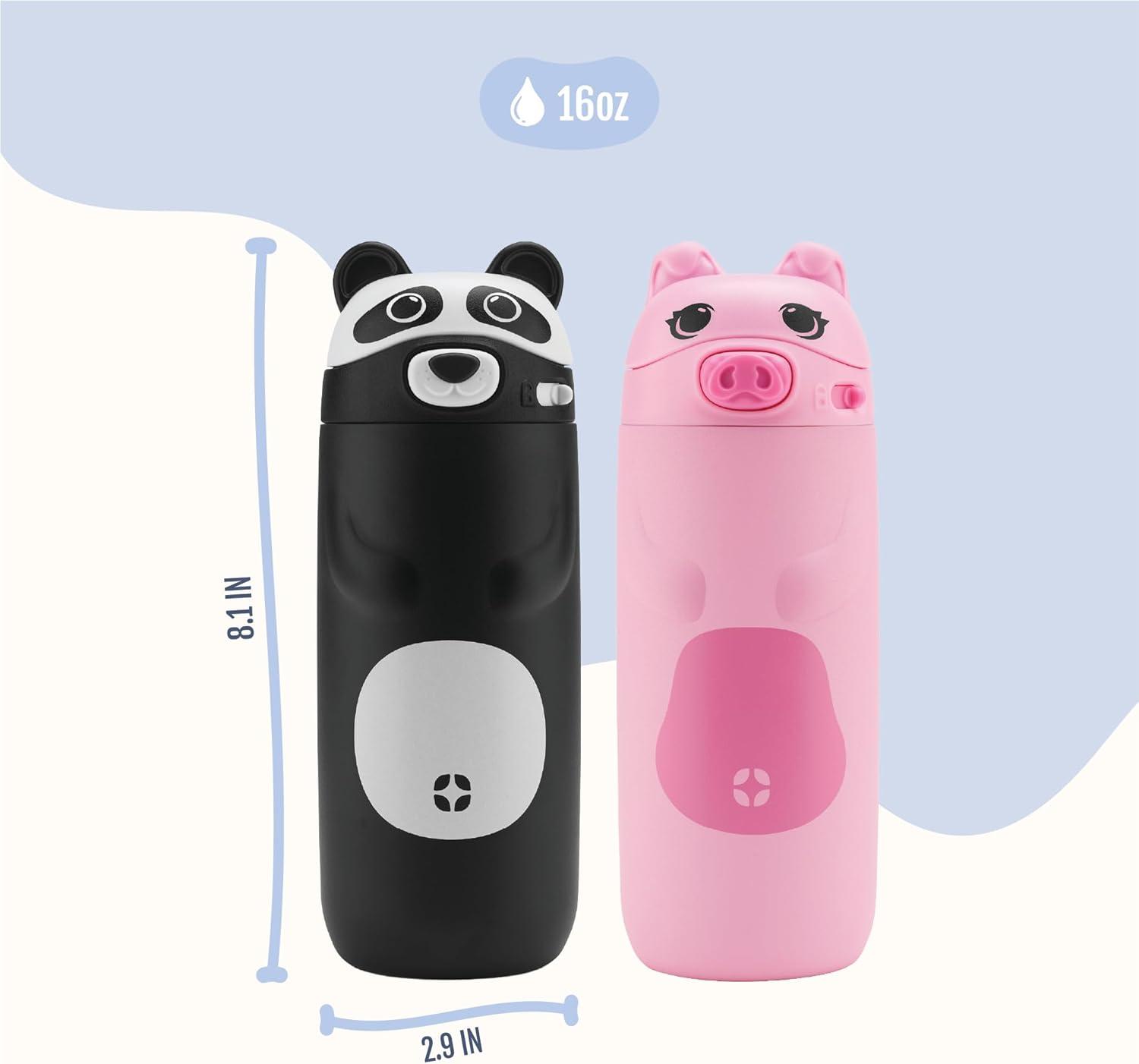 imageEllo Ellies 12oz Vacuum Insulated Stainless Steel Kids Water Bottle with Straw and Builtin Carrying Handle and LeakProof Locking Lid for School Backpack Lunchbox and Outdoor Sports PandaPig