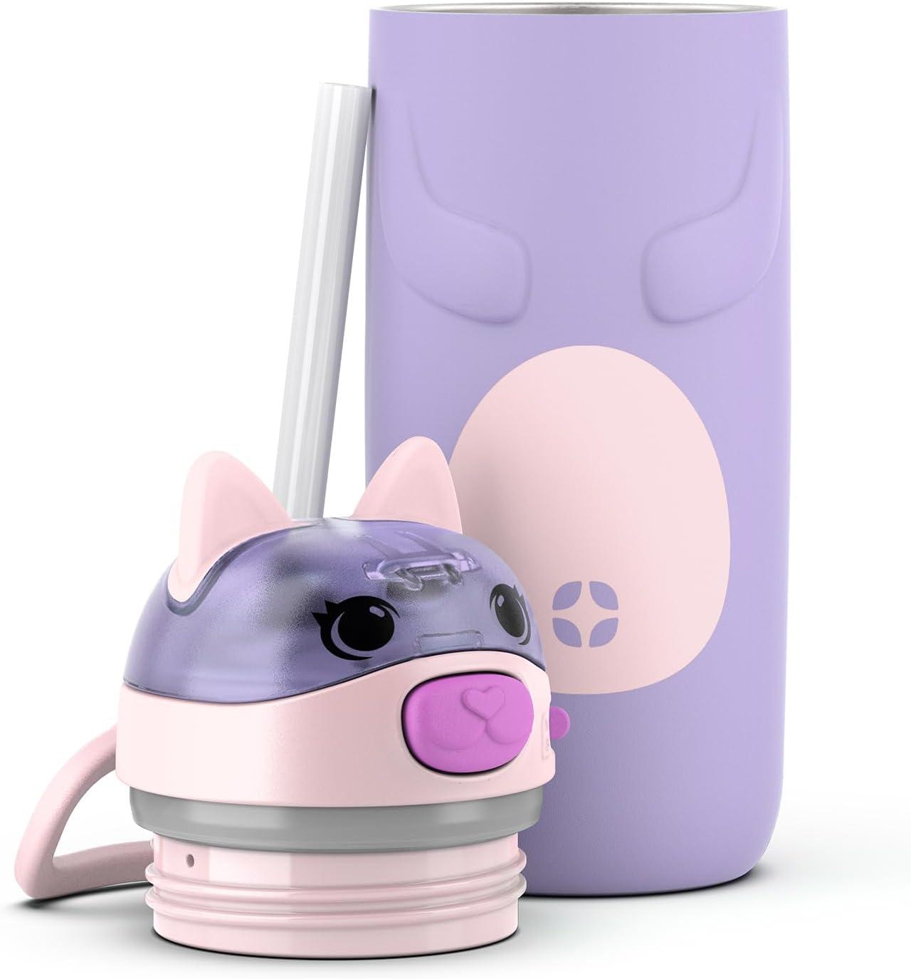 imageEllo Ellies 12oz Vacuum Insulated Stainless Steel Kids Water Bottle with Straw and Builtin Carrying Handle and LeakProof Locking Lid for School Backpack Lunchbox and Outdoor Sports PandaCat