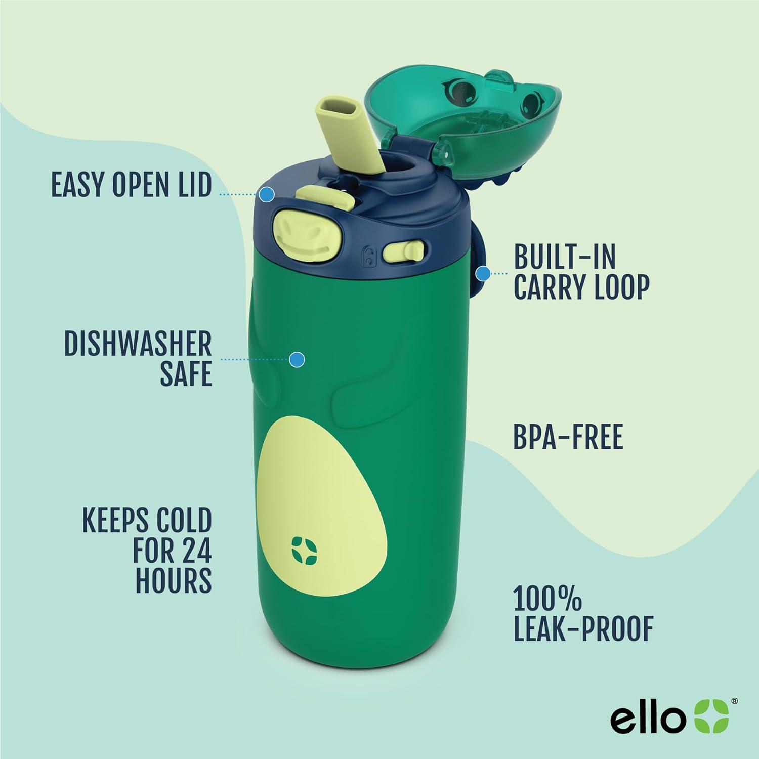 imageEllo Ellies 12oz Vacuum Insulated Stainless Steel Kids Water Bottle with Straw and Builtin Carrying Handle and LeakProof Locking Lid for School Backpack Lunchbox and Outdoor Sports PandaDino