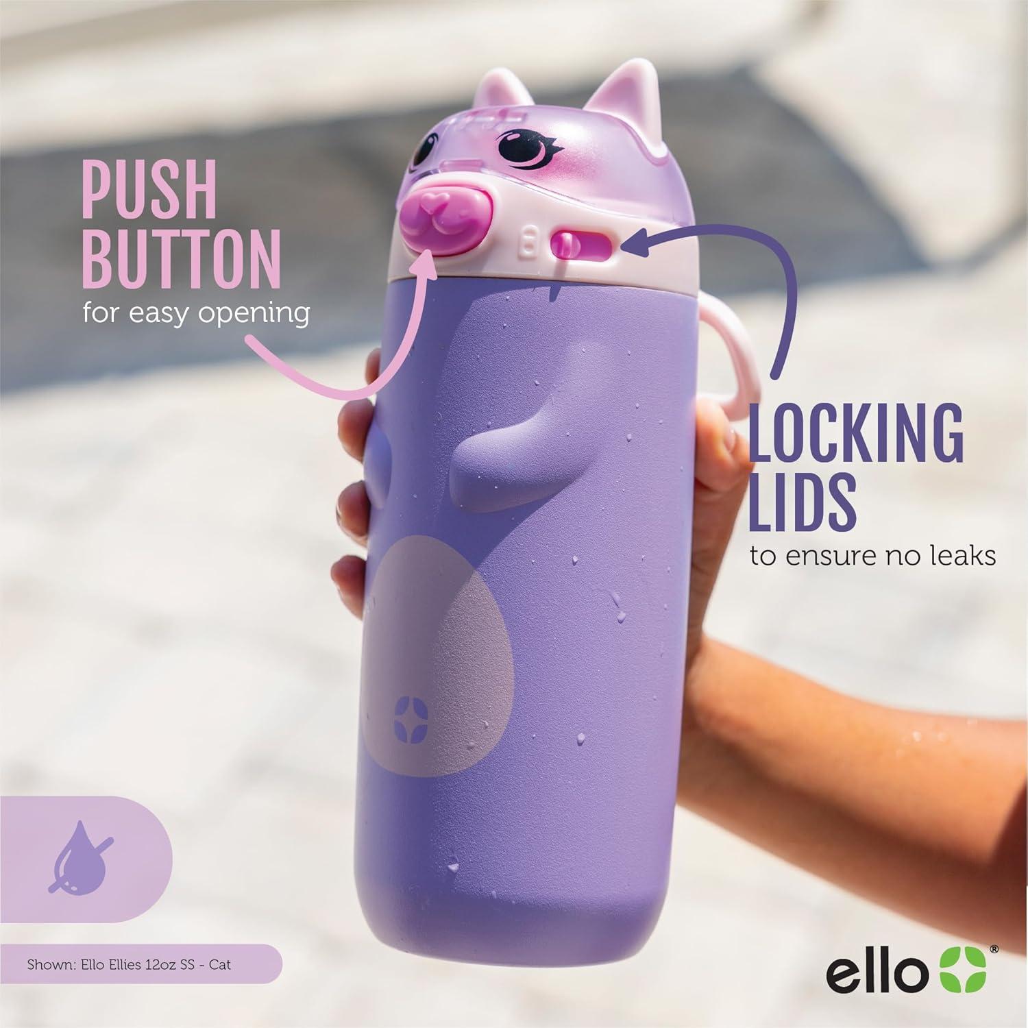imageEllo Ellies 12oz Vacuum Insulated Stainless Steel Kids Water Bottle with Straw and Builtin Carrying Handle and LeakProof Locking Lid for School Backpack Lunchbox and Outdoor Sports PandaDino