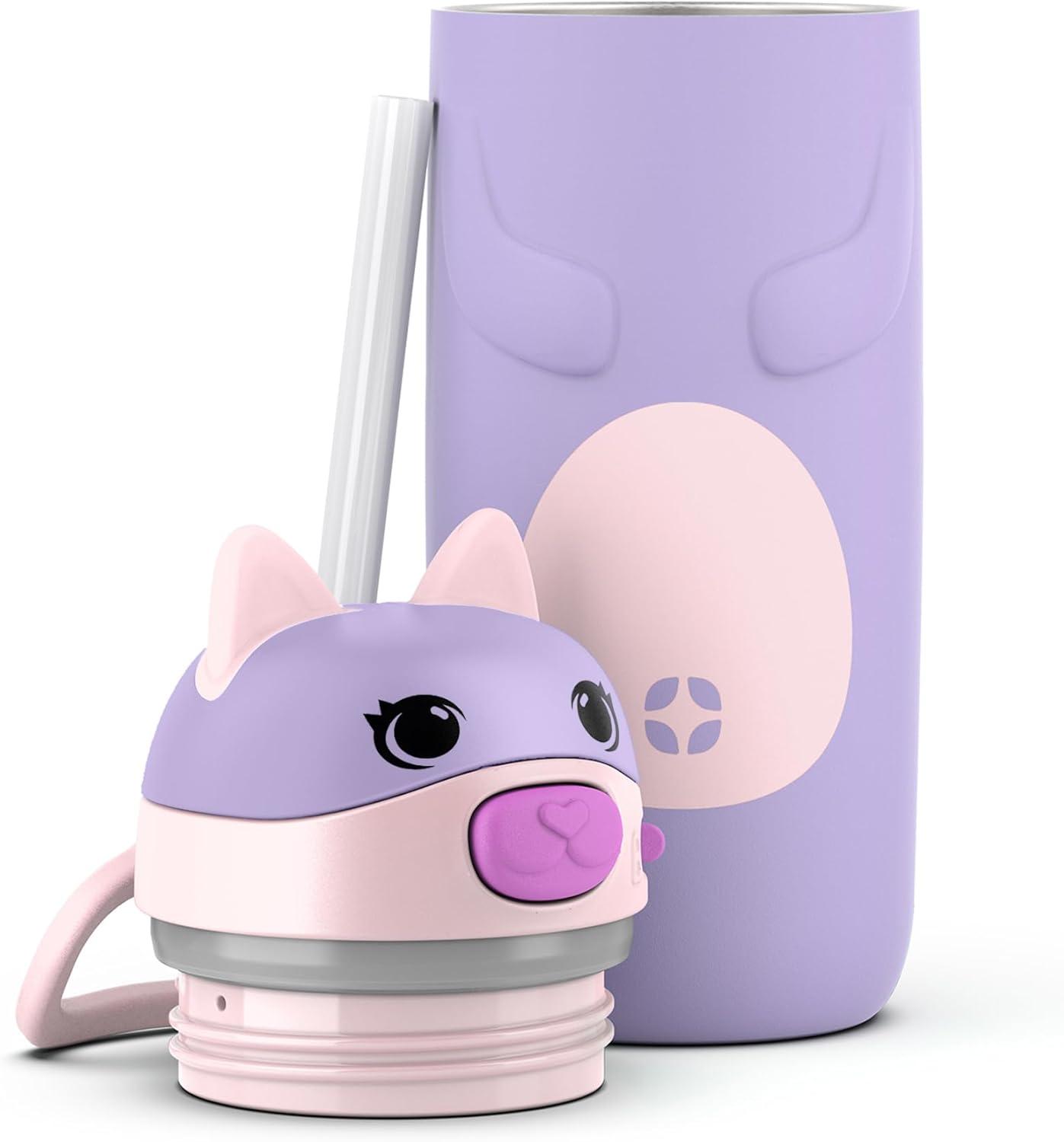imageEllo Ellies 12oz Vacuum Insulated Stainless Steel Kids Water Bottle with Straw and Builtin Carrying Handle and LeakProof Locking Lid for School Backpack Lunchbox and Outdoor Sports PandaCat