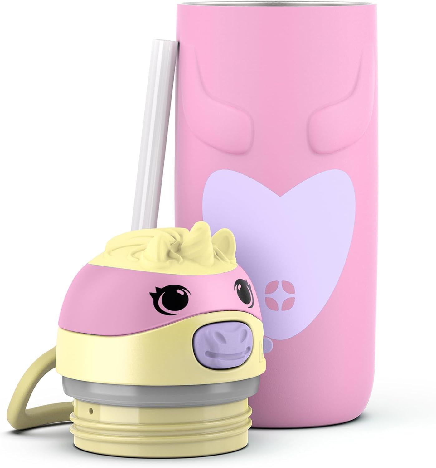 imageEllo Ellies 12oz Vacuum Insulated Stainless Steel Kids Water Bottle with Straw and Builtin Carrying Handle and LeakProof Locking Lid for School Backpack Lunchbox and Outdoor Sports PandaUnicorn