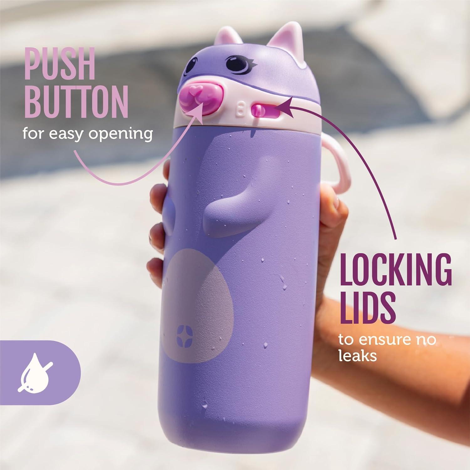imageEllo Ellies 12oz Vacuum Insulated Stainless Steel Kids Water Bottle with Straw and Builtin Carrying Handle and LeakProof Locking Lid for School Backpack Lunchbox and Outdoor Sports PandaUnicorn