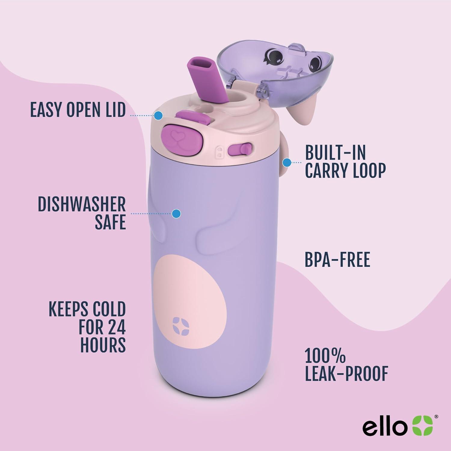 imageEllo Ellies 12oz Vacuum Insulated Stainless Steel Kids Water Bottle with Straw and Builtin Carrying Handle and LeakProof Locking Lid for School Backpack Lunchbox and Outdoor Sports PandaCat