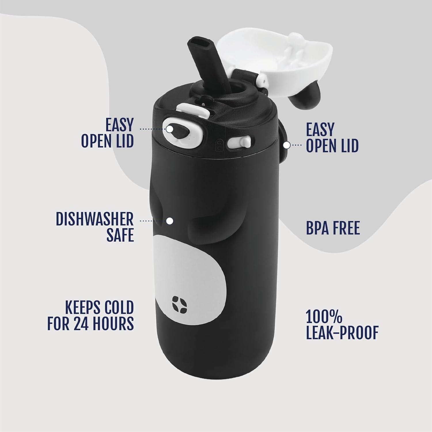imageEllo Ellies 12oz Vacuum Insulated Stainless Steel Kids Water Bottle with Straw and Builtin Carrying Handle and LeakProof Locking Lid for School Backpack Lunchbox and Outdoor Sports PandaPanda