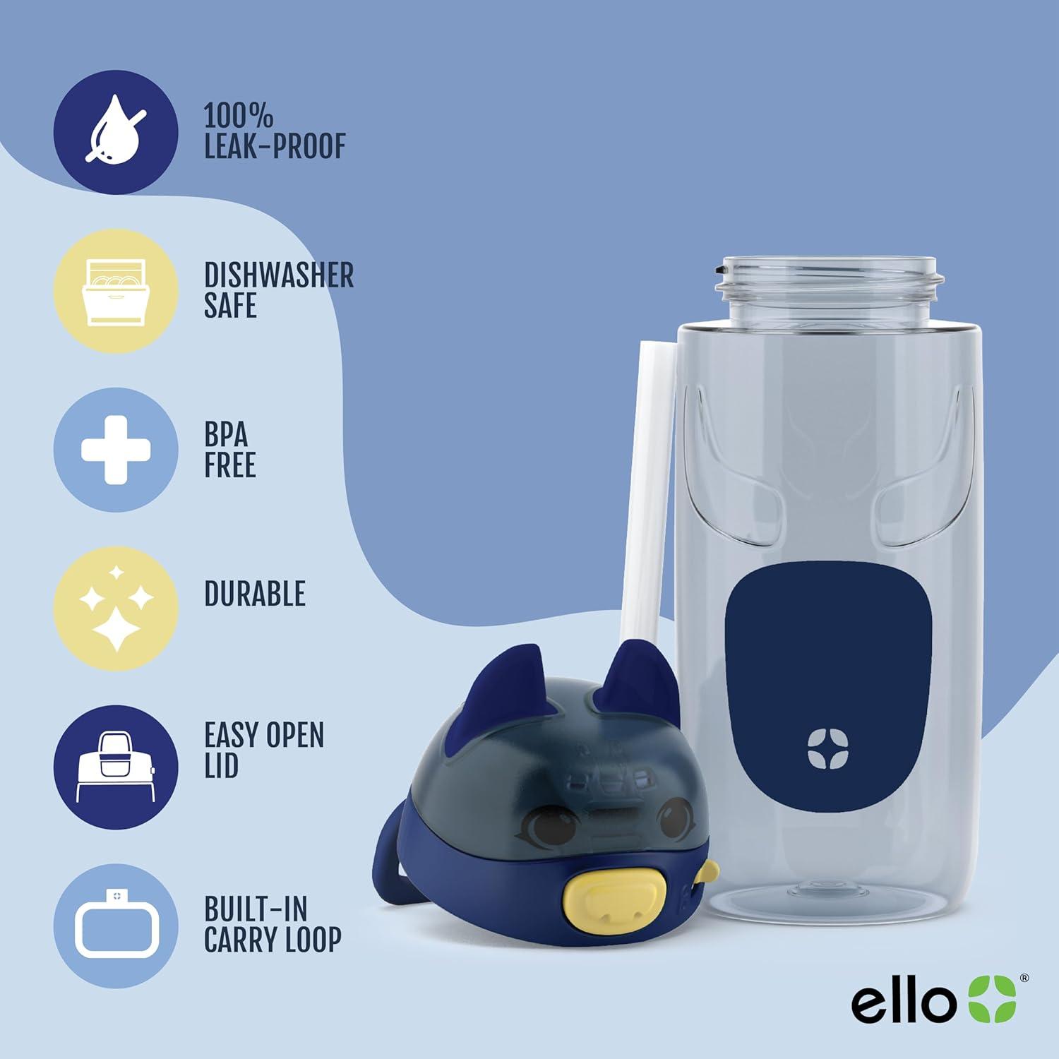 imageEllo Ellies 16oz Plastic Kids Water Bottle with Straw and Builtin Carrying Handle and LeakProof Locking Lid for School backpack Lunchbox and Outdoor Sports PigDog