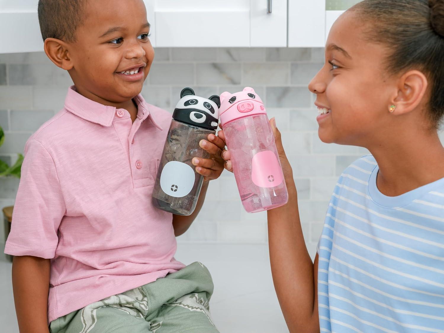 imageEllo Ellies 16oz Plastic Kids Water Bottle with Straw and Builtin Carrying Handle and LeakProof Locking Lid for School backpack Lunchbox and Outdoor Sports PigPanda