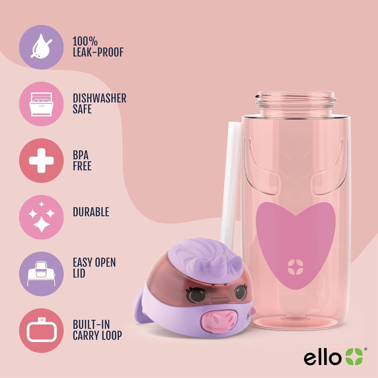 imageEllo Ellies 16oz Plastic Kids Water Bottle with Straw and Builtin Carrying Handle and LeakProof Locking Lid for School backpack Lunchbox and Outdoor Sports PigUnicorn