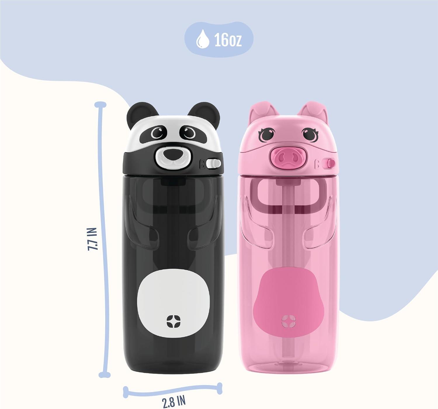 imageEllo Ellies 16oz Plastic Kids Water Bottle with Straw and Builtin Carrying Handle and LeakProof Locking Lid for School backpack Lunchbox and Outdoor Sports PigPanda