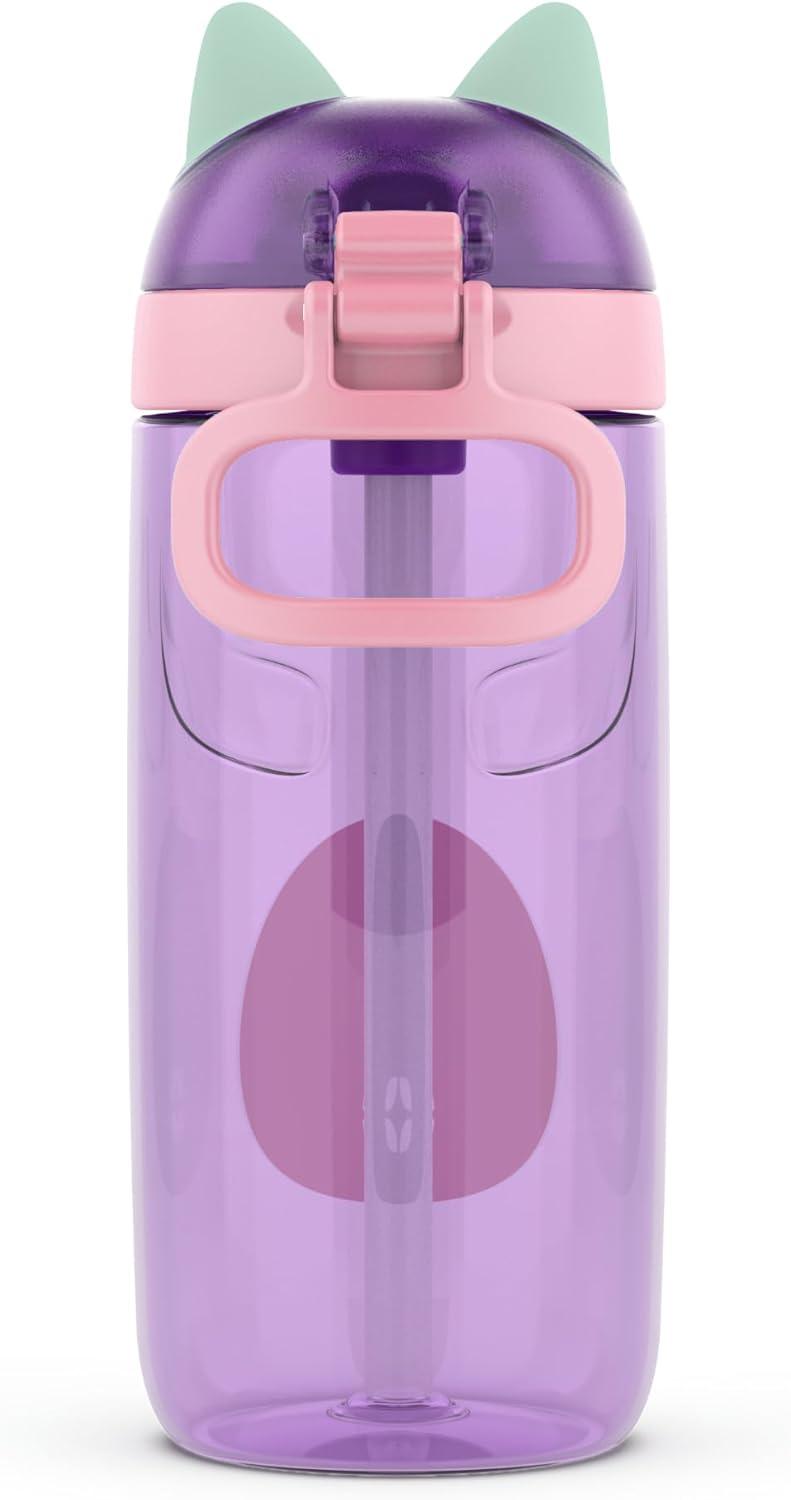 imageEllo Ellies 16oz Plastic Kids Water Bottle with Straw and Builtin Carrying Handle and LeakProof Locking Lid for School backpack Lunchbox and Outdoor Sports PigCat