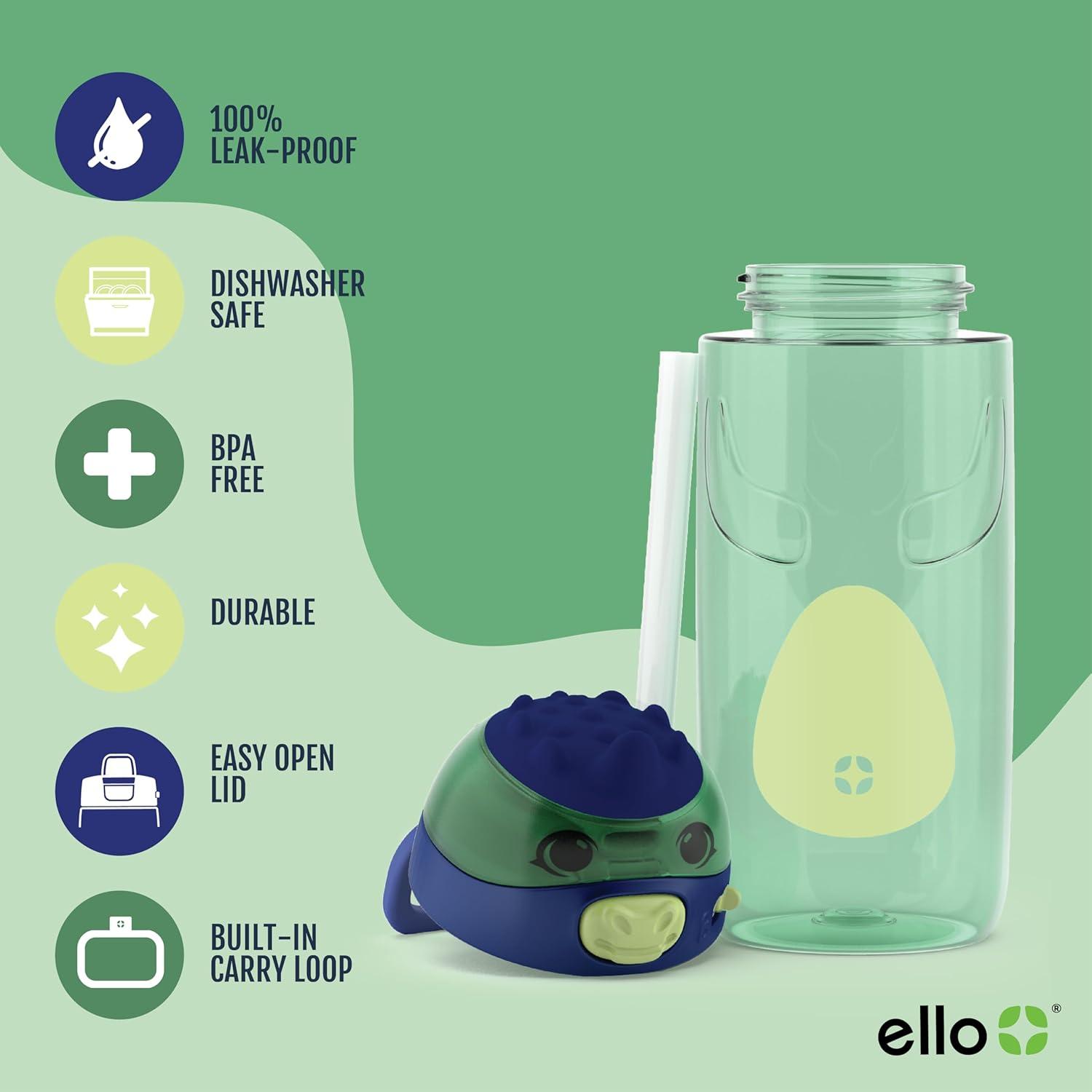 imageEllo Ellies 16oz Plastic Kids Water Bottle with Straw and Builtin Carrying Handle and LeakProof Locking Lid for School backpack Lunchbox and Outdoor Sports PigDino