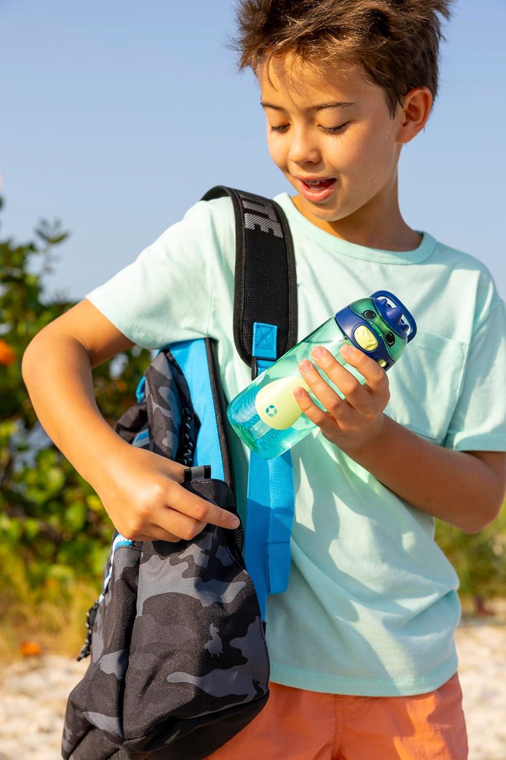 imageEllo Ellies 16oz Plastic Kids Water Bottle with Straw and Builtin Carrying Handle and LeakProof Locking Lid for School backpack Lunchbox and Outdoor Sports PigDino
