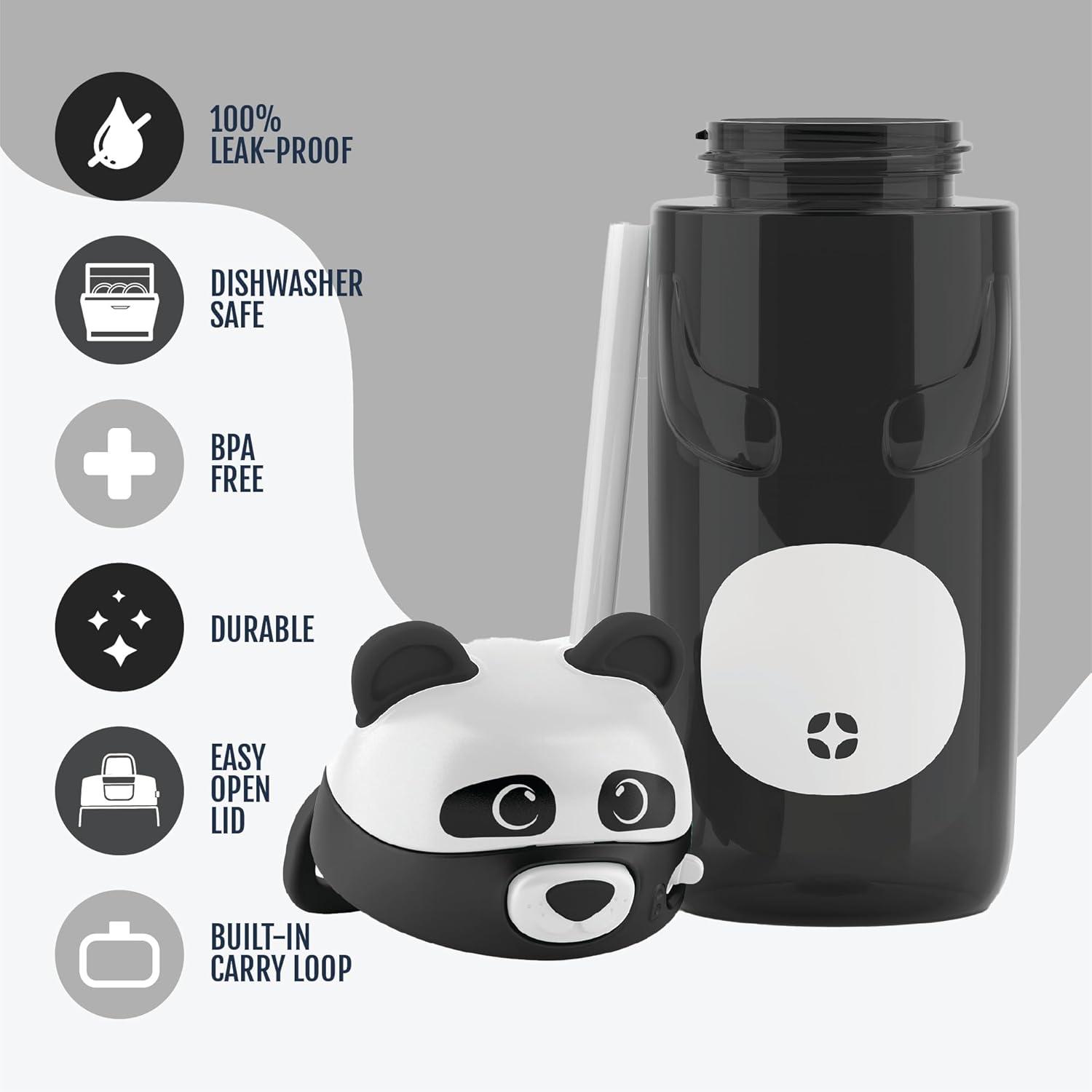 imageEllo Ellies 16oz Plastic Kids Water Bottle with Straw and Builtin Carrying Handle and LeakProof Locking Lid for School backpack Lunchbox and Outdoor Sports PigPanda