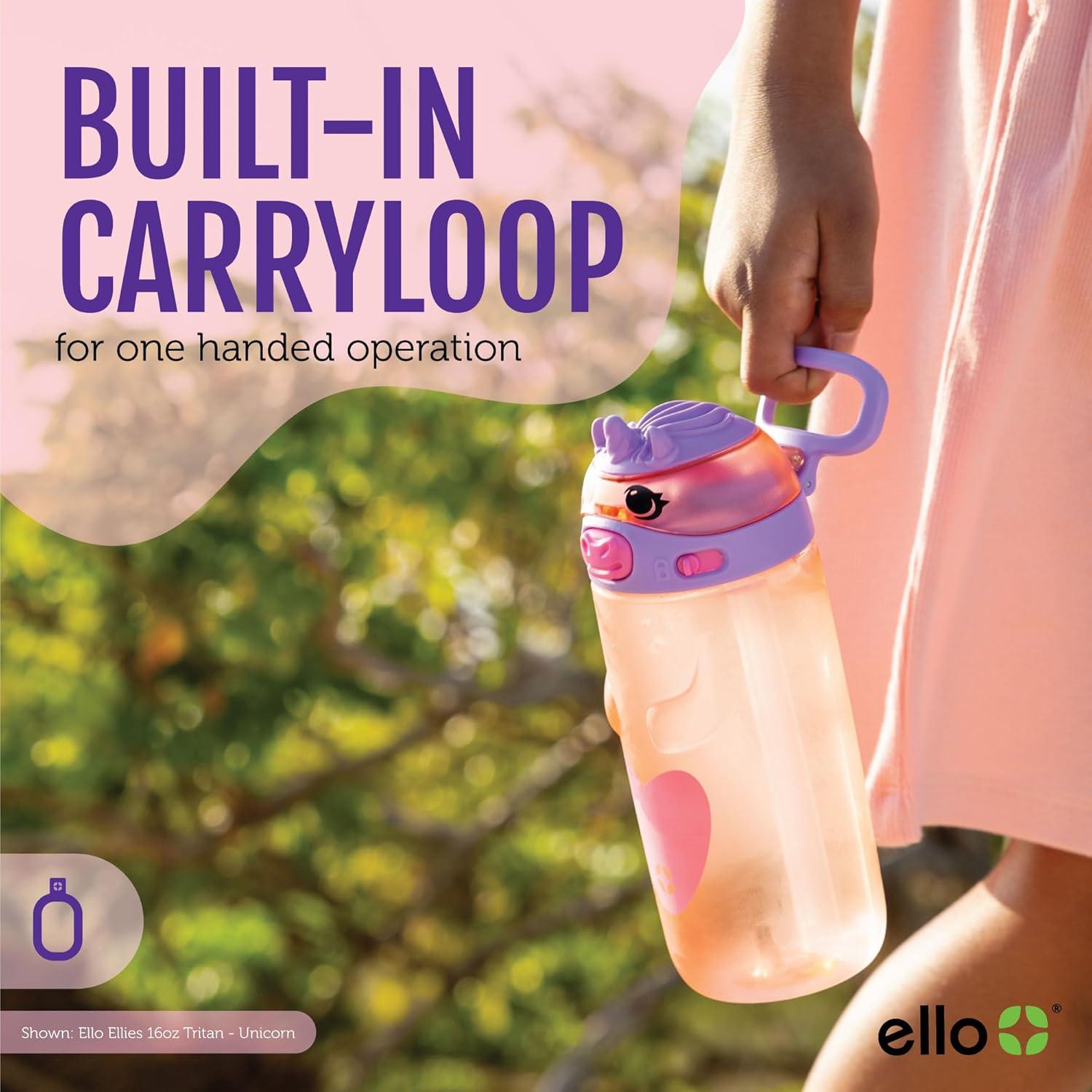imageEllo Ellies 16oz Plastic Kids Water Bottle with Straw and Builtin Carrying Handle and LeakProof Locking Lid for School backpack Lunchbox and Outdoor Sports PigDog