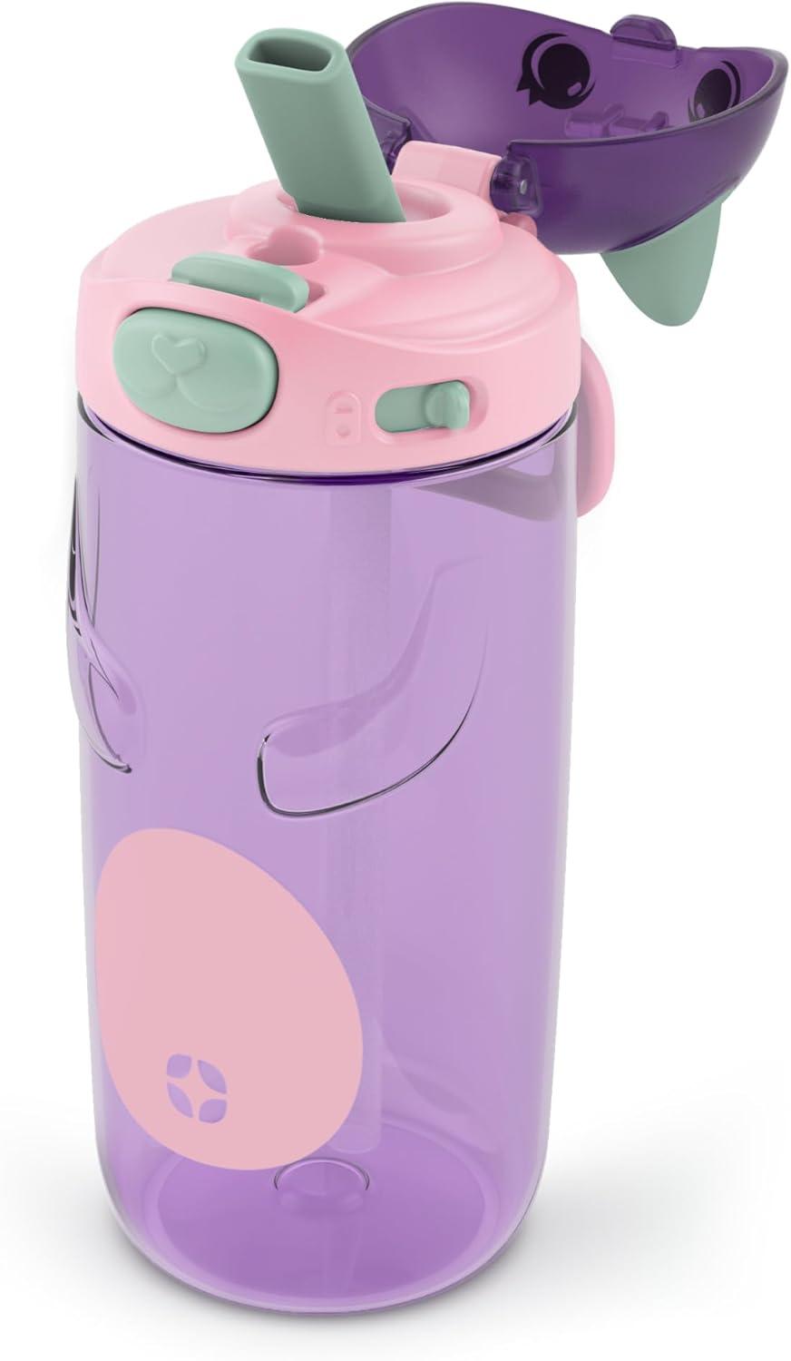 imageEllo Ellies 16oz Plastic Kids Water Bottle with Straw and Builtin Carrying Handle and LeakProof Locking Lid for School backpack Lunchbox and Outdoor Sports PigCat
