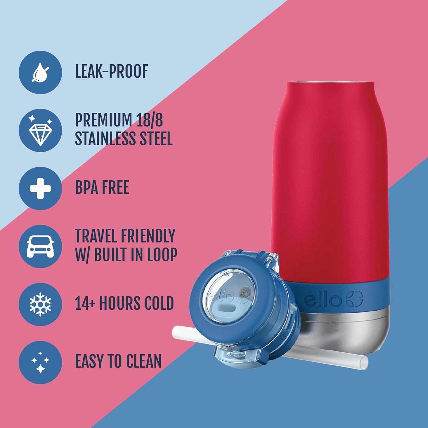imageEllo Emma 14oz Vacuum Insulated Stainless Steel Kids Water Bottle with Straw and Builtin Carrying Handle and LeakProof Locking Lid for School Backpack Lunchbox and Outdoor SportsRed Splash