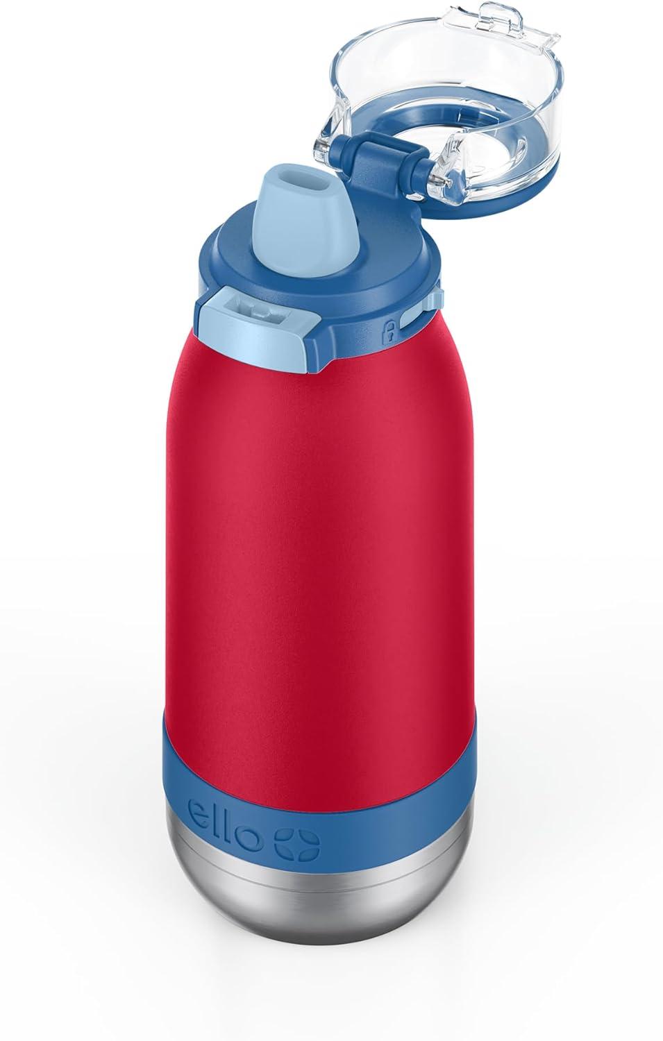 imageEllo Emma 14oz Vacuum Insulated Stainless Steel Kids Water Bottle with Straw and Builtin Carrying Handle and LeakProof Locking Lid for School Backpack Lunchbox and Outdoor SportsRed Splash