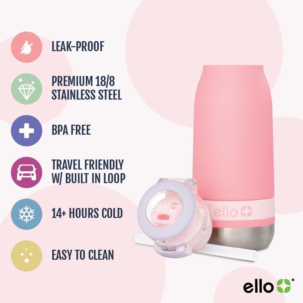 imageEllo Emma 14oz Vacuum Insulated Stainless Steel Kids Water Bottle with Straw and Builtin Carrying Handle and LeakProof Locking Lid for School Backpack Lunchbox and Outdoor SportsSweetheart