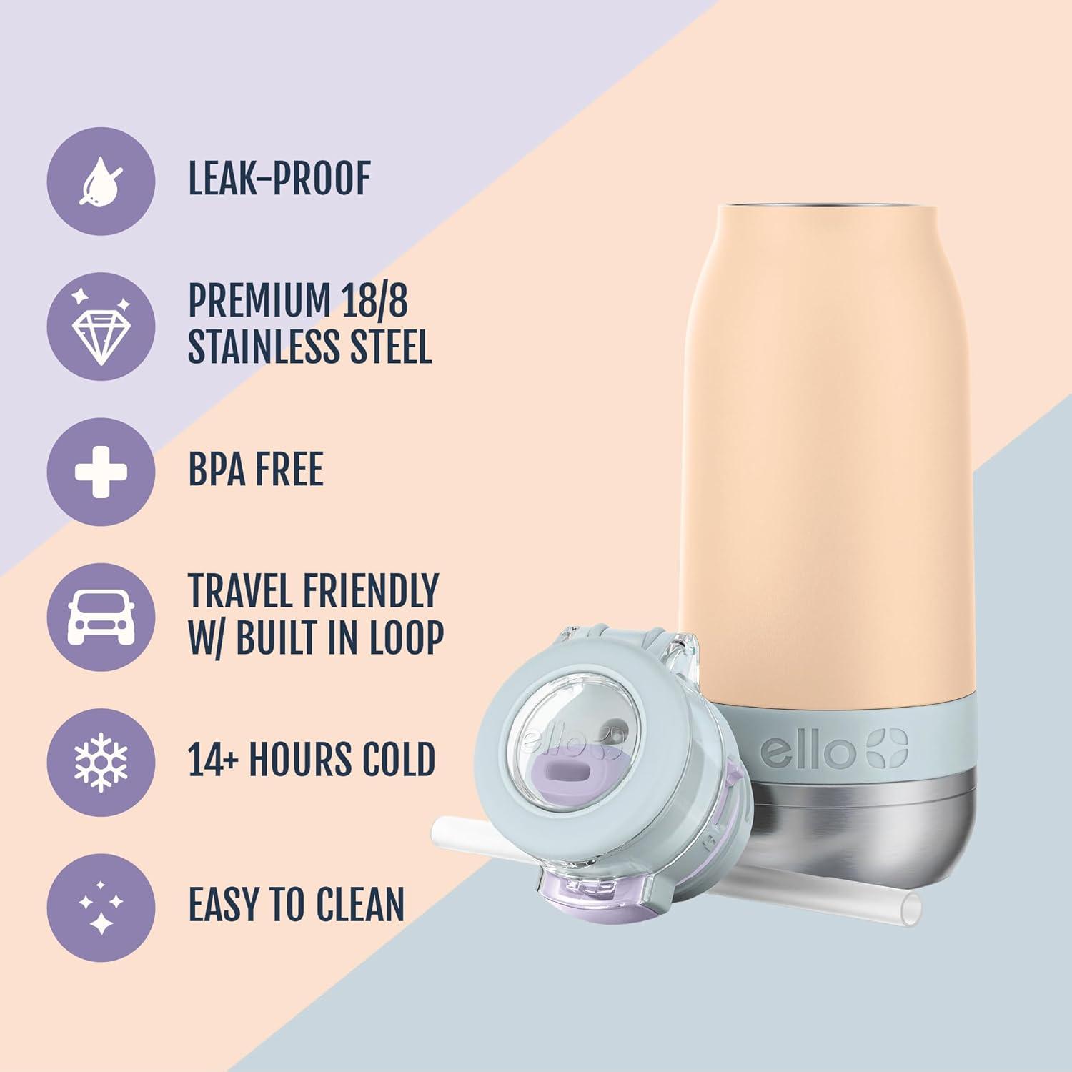 imageEllo Emma 14oz Vacuum Insulated Stainless Steel Kids Water Bottle with Straw and Builtin Carrying Handle and LeakProof Locking Lid for School Backpack Lunchbox and Outdoor SportsTwilight Breeze