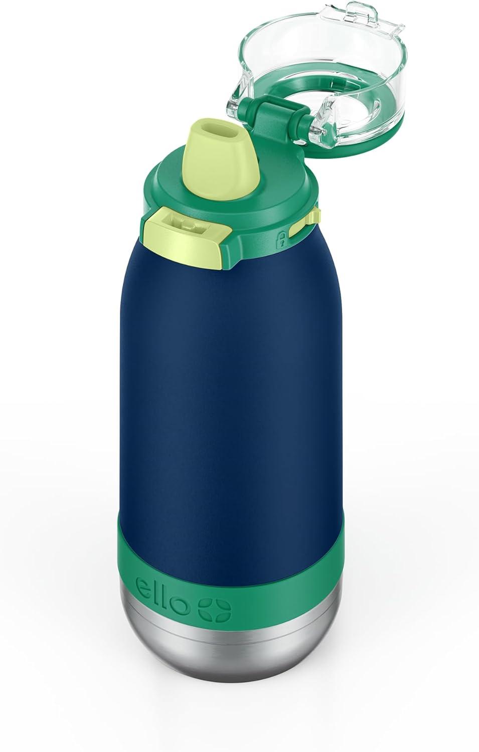 imageEllo Emma 14oz Vacuum Insulated Stainless Steel Kids Water Bottle with Straw and Builtin Carrying Handle and LeakProof Locking Lid for School Backpack Lunchbox and Outdoor SportsTidal Wave