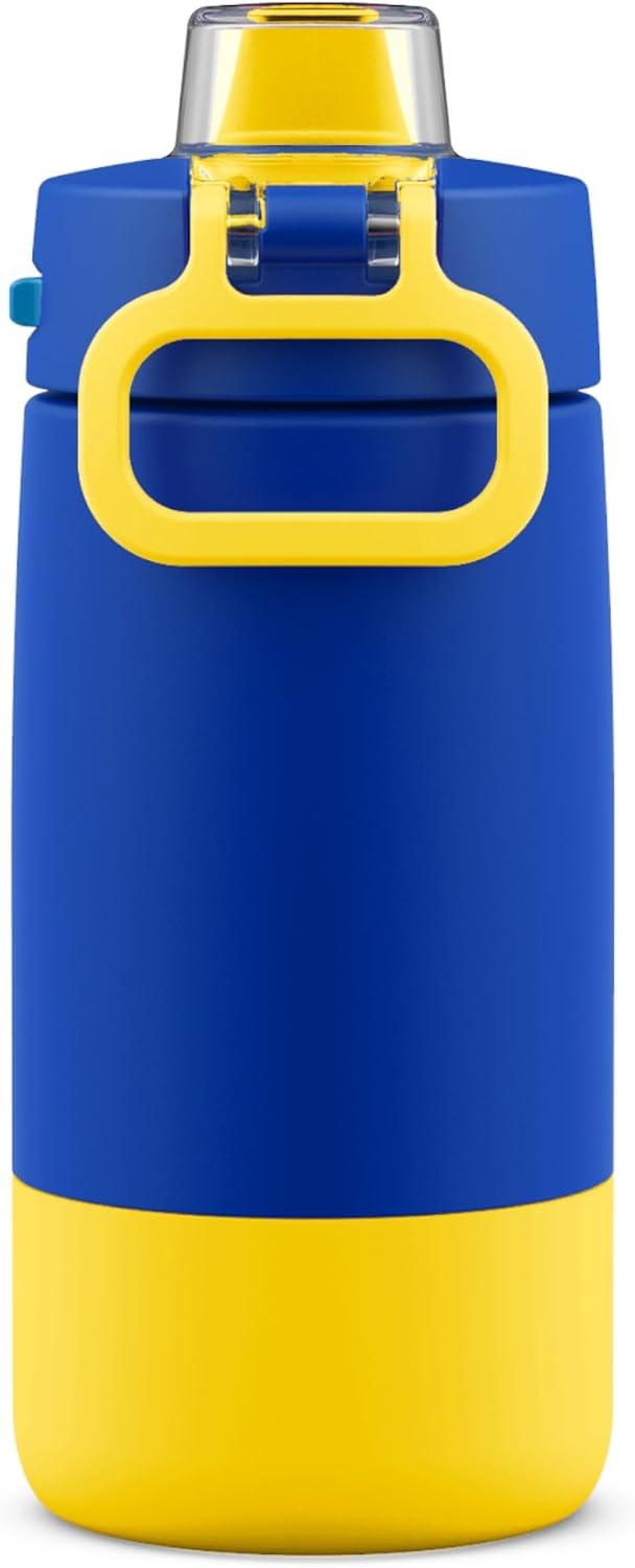 imageEllo Kids Colby 12oz Stainless Steel Insulated Water Bottle with Straw and BuiltIn Silicone Coaster Carrying Handle and LeakProof Locking Lid for School Backpack Lunchbox and Outdoor SportsBlueOrange