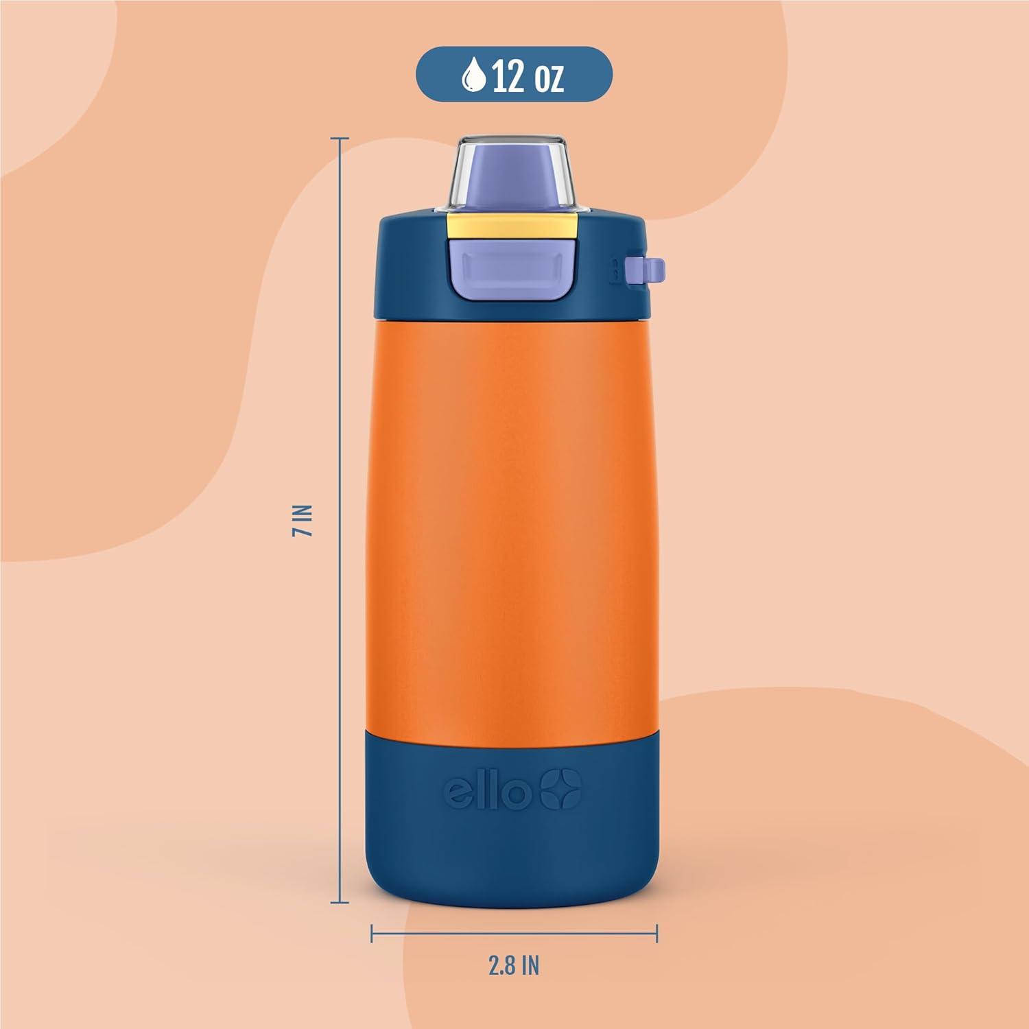 imageEllo Kids Colby 12oz Stainless Steel Insulated Water Bottle with Straw and BuiltIn Silicone Coaster Carrying Handle and LeakProof Locking Lid for School Backpack Lunchbox and Outdoor SportsSunset Splash