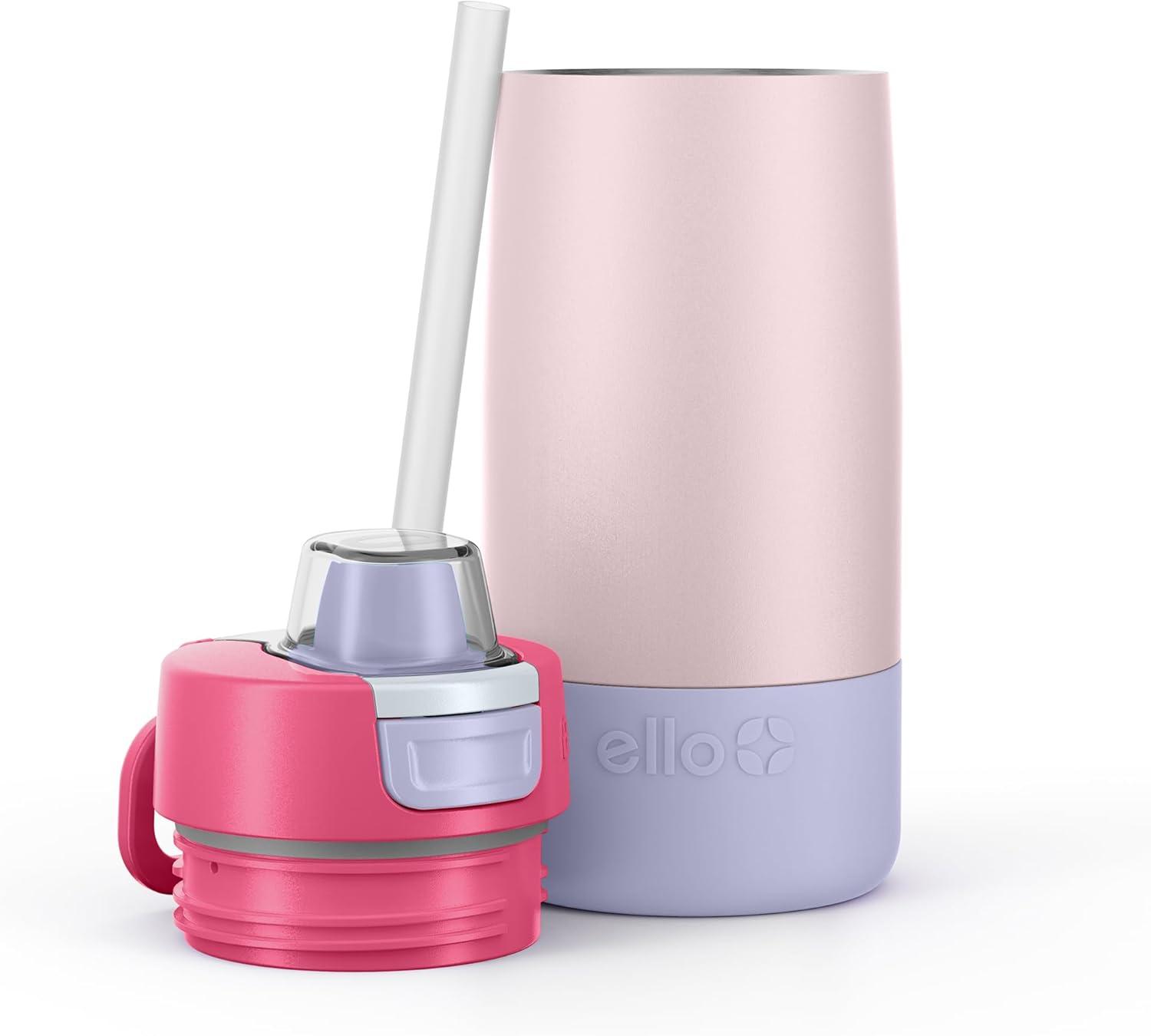 imageEllo Kids Colby 12oz Stainless Steel Insulated Water Bottle with Straw and BuiltIn Silicone Coaster Carrying Handle and LeakProof Locking Lid for School Backpack Lunchbox and Outdoor SportsBubble Berry