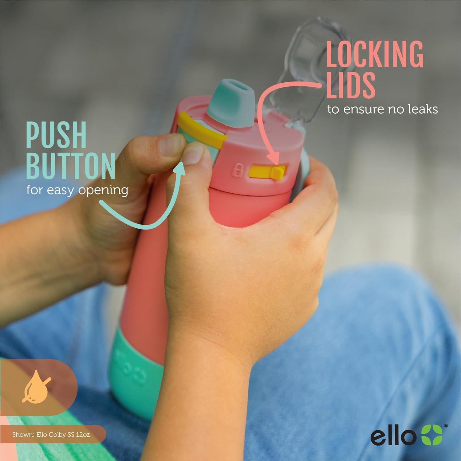 imageEllo Kids Colby 12oz Stainless Steel Insulated Water Bottle with Straw and BuiltIn Silicone Coaster Carrying Handle and LeakProof Locking Lid for School Backpack Lunchbox and Outdoor SportsSunset Splash