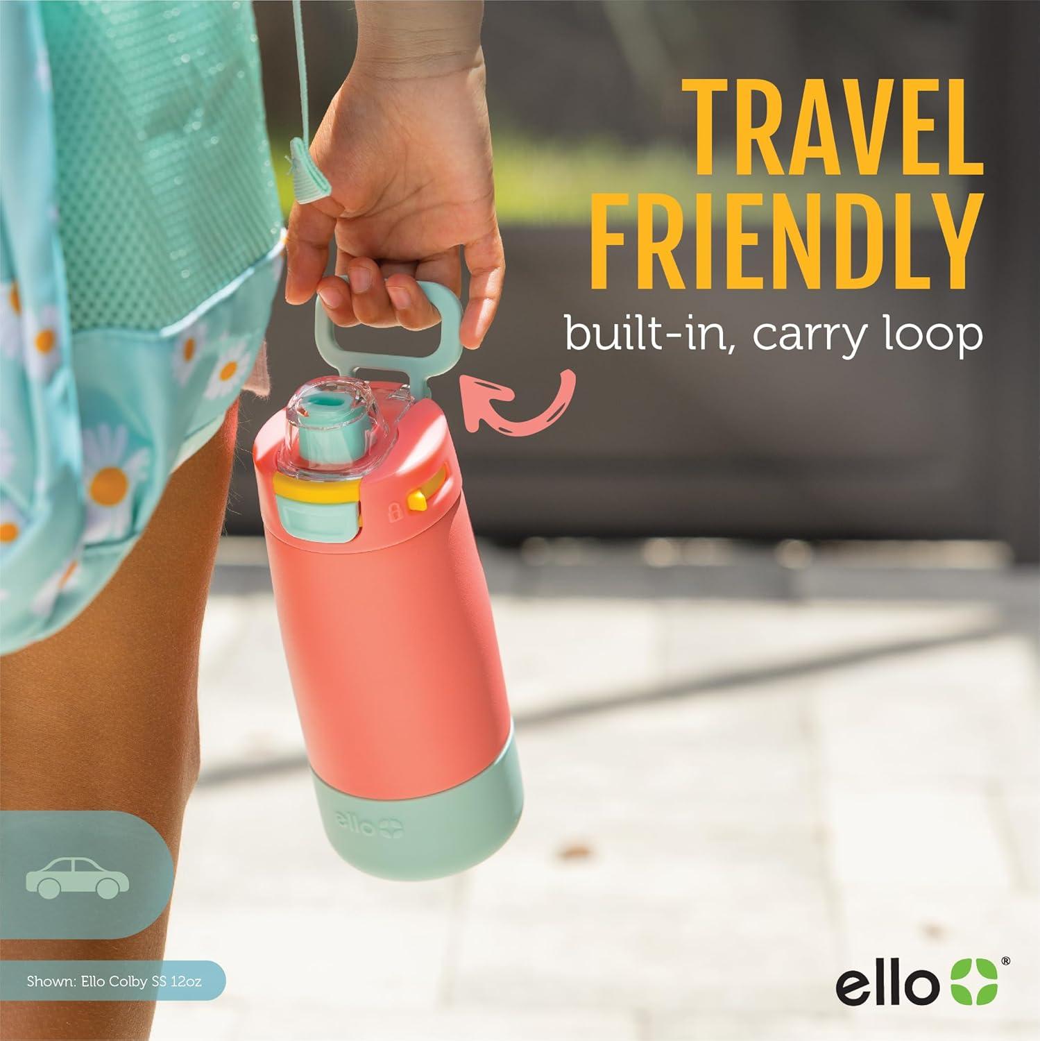 imageEllo Kids Colby 12oz Stainless Steel Insulated Water Bottle with Straw and BuiltIn Silicone Coaster Carrying Handle and LeakProof Locking Lid for School Backpack Lunchbox and Outdoor SportsSunset Splash