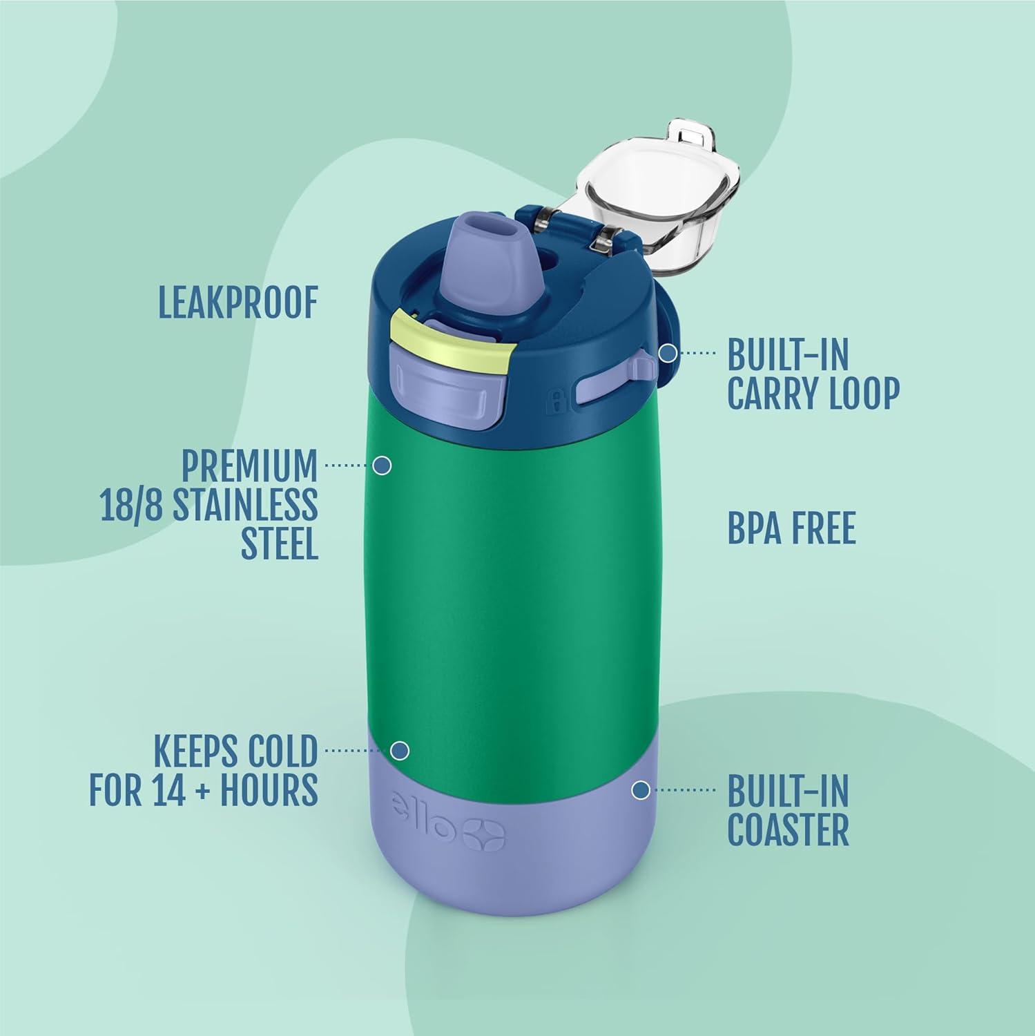 imageEllo Kids Colby 12oz Stainless Steel Insulated Water Bottle with Straw and BuiltIn Silicone Coaster Carrying Handle and LeakProof Locking Lid for School Backpack Lunchbox and Outdoor SportsTropical Wave