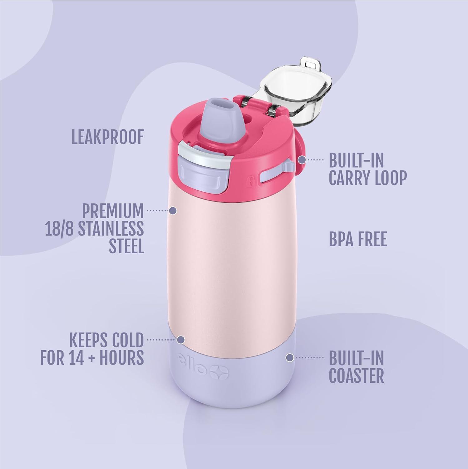 imageEllo Kids Colby 12oz Stainless Steel Insulated Water Bottle with Straw and BuiltIn Silicone Coaster Carrying Handle and LeakProof Locking Lid for School Backpack Lunchbox and Outdoor SportsBubble Berry