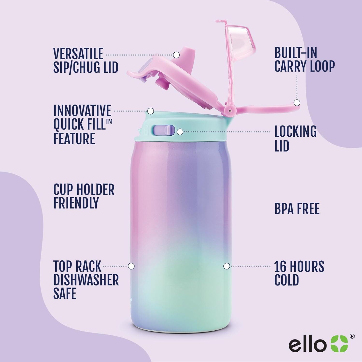 imageEllo Kids Pop ampamp Fill 12oz Water Bottle with Quick Fill Lid DoubleWall Vacuum Insulated Stainless Steel Leak Proof BPA Free Sip ampamp Chug For School Lunchboxes Construction SitePurple Watercolor