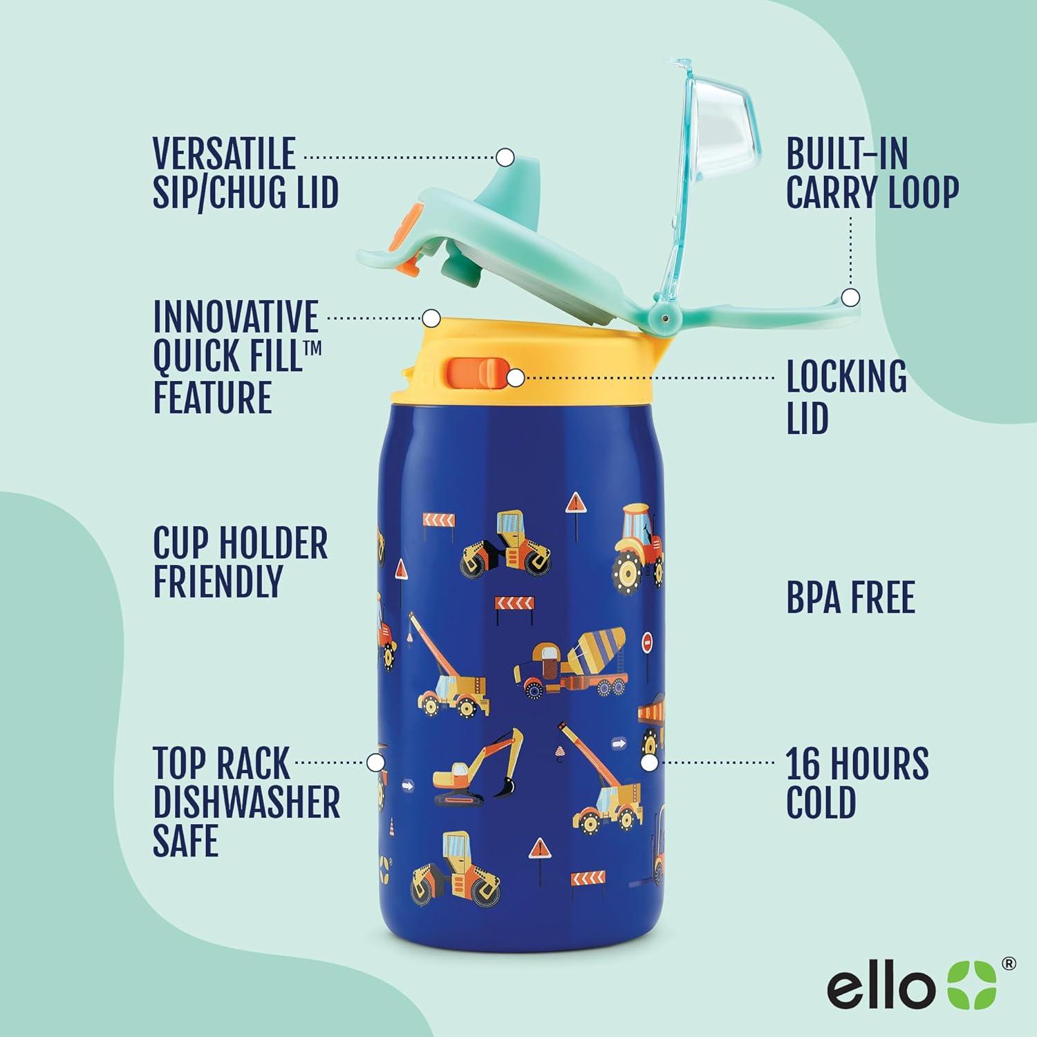 imageEllo Kids Pop ampamp Fill 12oz Water Bottle with Quick Fill Lid DoubleWall Vacuum Insulated Stainless Steel Leak Proof BPA Free Sip ampamp Chug For School Lunchboxes Construction SiteConstruction Site