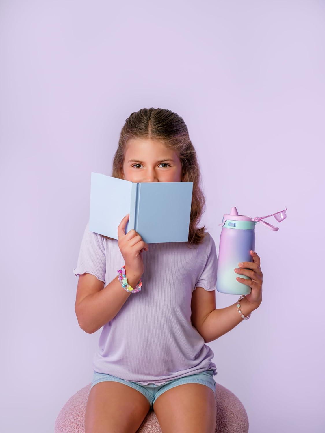 imageEllo Kids Pop ampamp Fill 12oz Water Bottle with Quick Fill Lid DoubleWall Vacuum Insulated Stainless Steel Leak Proof BPA Free Sip ampamp Chug For School Lunchboxes Construction SitePurple Watercolor
