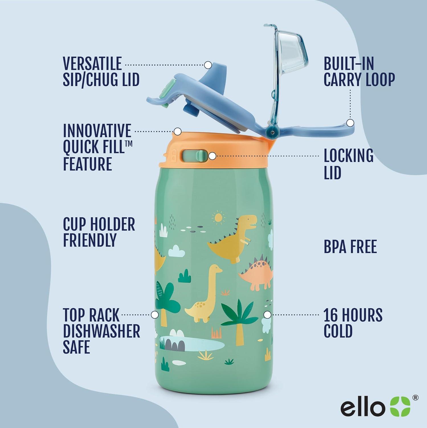 imageEllo Kids Pop ampamp Fill 12oz Water Bottle with Quick Fill Lid DoubleWall Vacuum Insulated Stainless Steel Leak Proof BPA Free Sip ampamp Chug For School Lunchboxes Construction SiteDino