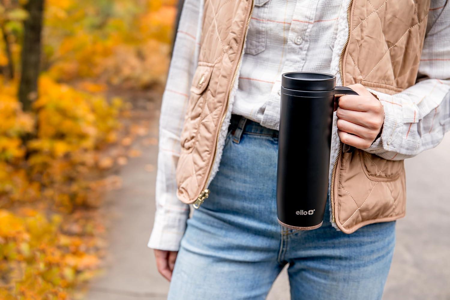 imageEllo Magnet 18oz Vacuum Insulated Stainless Steel Travel Mug with Side Handle and LeakProof Slider Lid and Builtin Coaster Keeps Hot for 5 HoursMatte Black