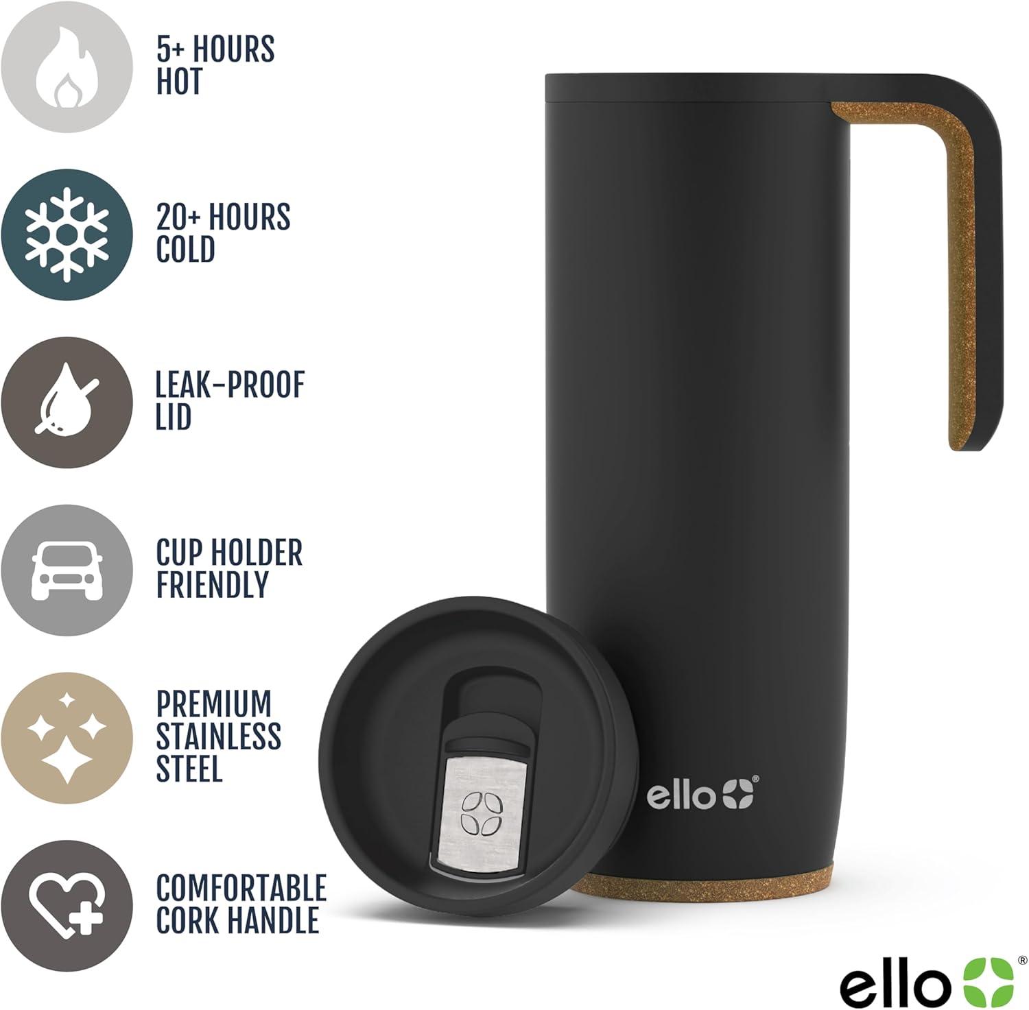 imageEllo Magnet 18oz Vacuum Insulated Stainless Steel Travel Mug with Side Handle and LeakProof Slider Lid and Builtin Coaster Keeps Hot for 5 HoursMatte Black