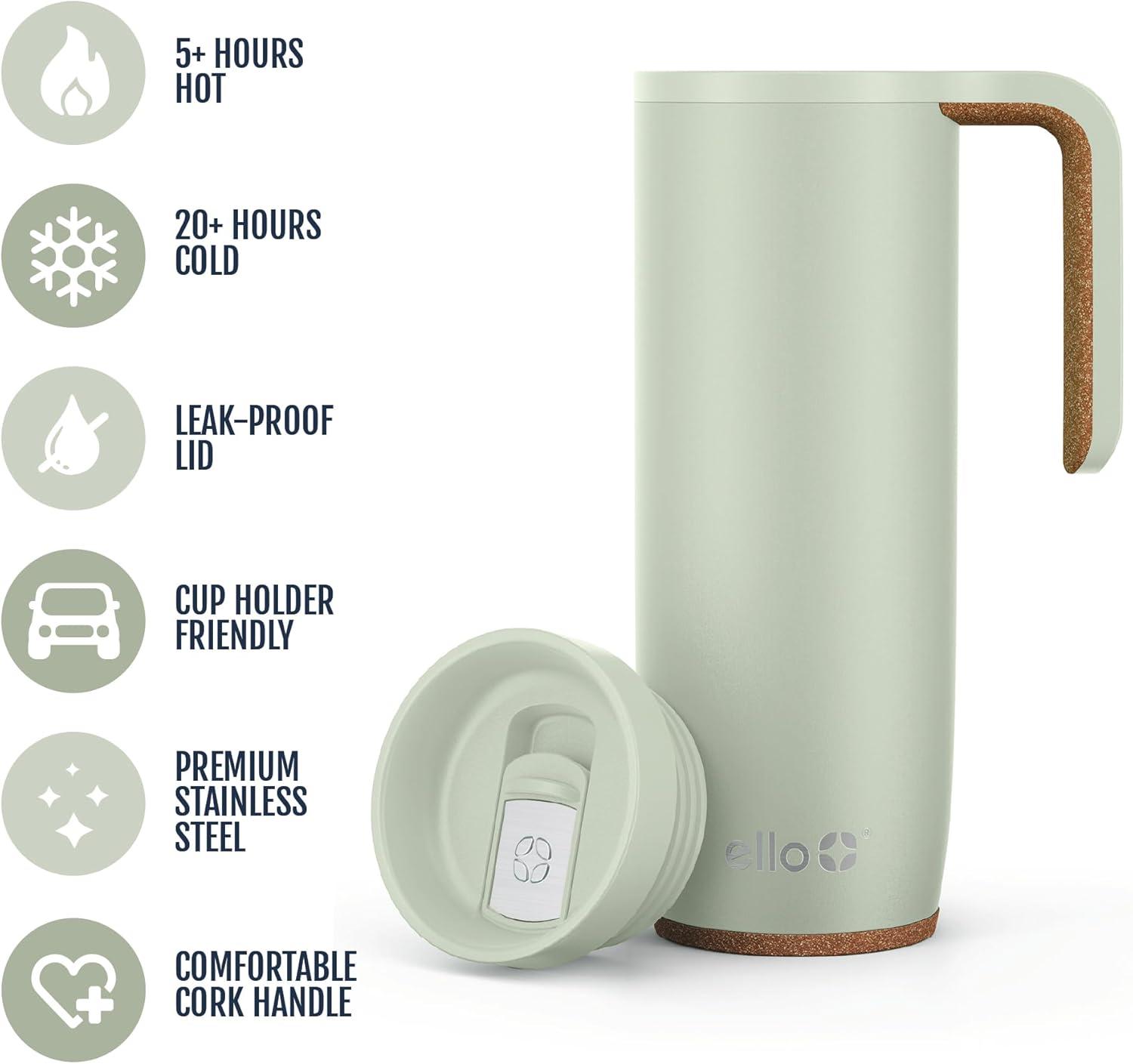 imageEllo Magnet 18oz Vacuum Insulated Stainless Steel Travel Mug with Side Handle and LeakProof Slider Lid and Builtin Coaster Keeps Hot for 5 HoursSage
